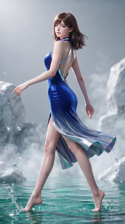 score_9, masterpiece, best quality, ultra-detailed, high-budget anime keyframe, editorial fashion photography, tasteful artistic composition, Korean woman. low angle full-body shot from head to toe showing her feet, filling the entire 9:16 vertical f