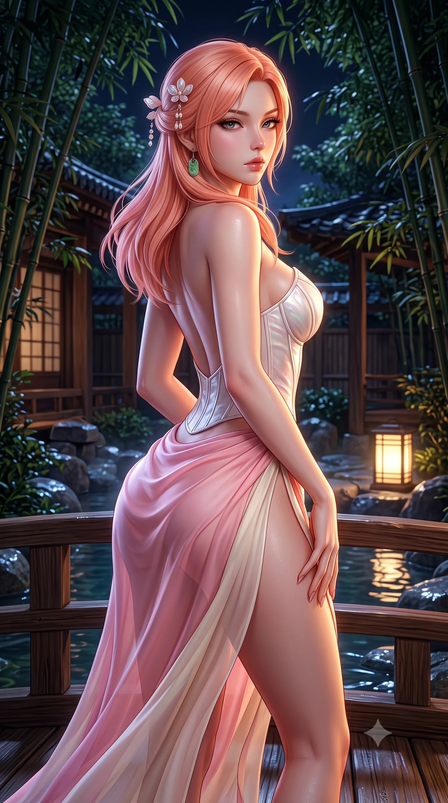 score_9, masterpiece, best quality, ultra-detailed, high-budget anime keyframe, semi-realistic 3D game render, editorial fashion photography, tasteful artistic composition, Japanese woman. close-up cowboy shot from the waist and thighs up, the character dominates the composition, filling the frame with her large presence. twisting her slender torso in a deep contrapposto stance, hips dramatically shifted to accentuate her feminine curves while looking past her shoulder with smoldering bedroom-eyes while standing poised on the wooden bridge terrace, twisting her upper body in an alluring S-curve as night wind rustles through the bamboo canopy. The surrounding environment is rendered in vivid detail and crisp panoramic clarity. atmospheric nocturnal Japanese chiaroscuro and serene hot-spring retreat luxury rendered with precision. She has an exceptionally elegant, slender, and willowy female figure with an ultra-slim waist, a gracefully sculpted slender torso, toned flat midriff, and rounded feminine hips creating an alluring hourglass silhouette. sharp v-shaped jawline, high-bridge nose, intricate jewel-like eyes with depth, thick eyelashes, glossy parted lips with a natural sheen, intensely captivating and seductive bedroom-eyes expression, flawlessly proportioned anatomical accuracy, strict slender model proportions, natural body alignment, perfectly sculpted long slender limbs, ultra-slim waistline, clean dynamic posture without body distortion. wearing a sculpted mother-of-pearl corset top paired with a draped high-slit silk sarong skirt in sakura blossom pink and warm ivory, woven from sheer cascading chiffon that ripples like water, accented with mother-of-pearl hair ornaments and a carved jade pendant, the precision-cut side openings and low-back scoop framing her graceful spine and the sensual sweep of her hips. illuminated by wet specular highlights accentuating her slender neckline, sculpted waist, and rounded hips. highly saturated vibrant anime colors, detailed shading with soft gradients, rich glossy textures, high-contrast stereoscopic depth, volumetric dynamic lighting, master piece, 9:16 ratio