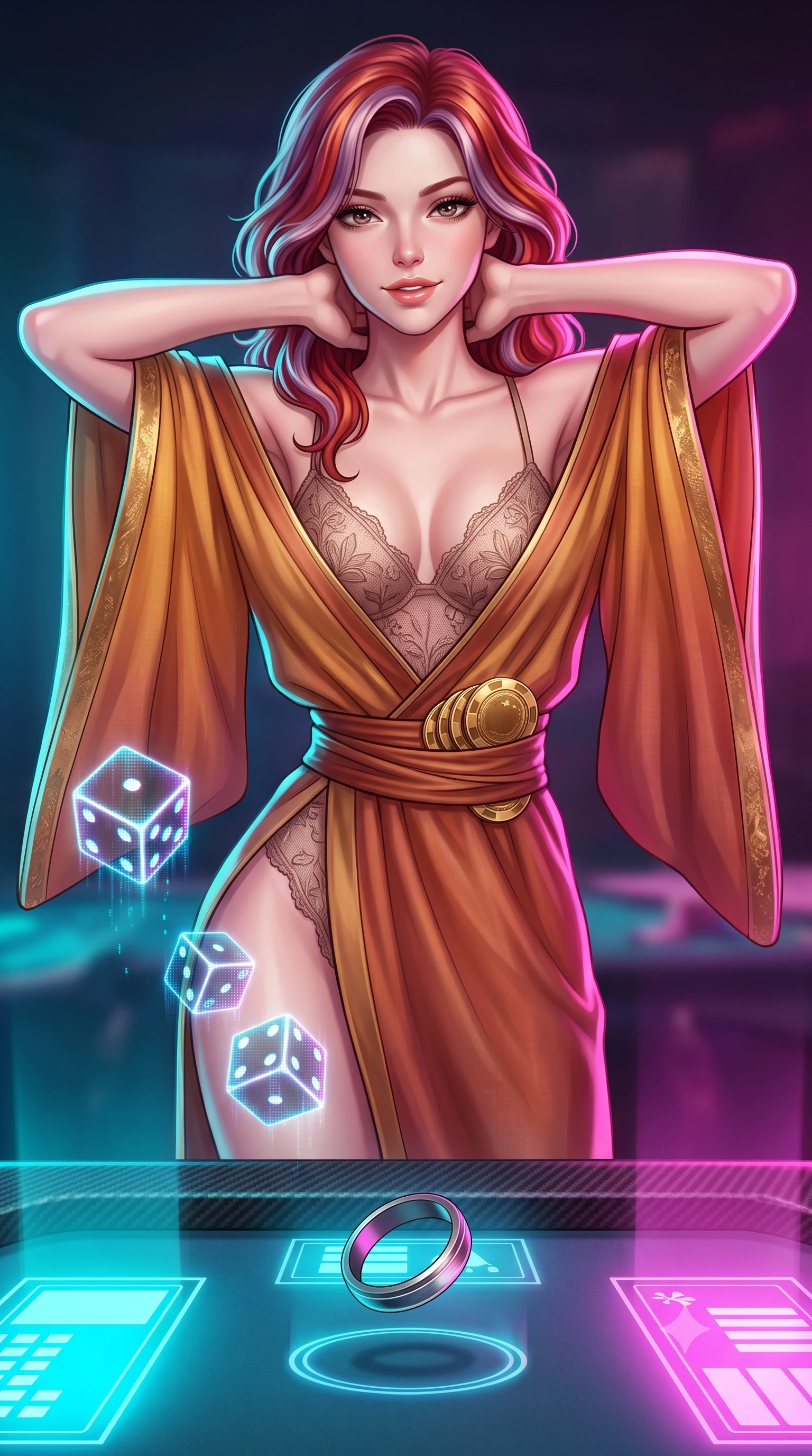score_9, masterpiece, best quality, ultra-detailed, high-budget anime keyframe, semi-realistic 3D game render, editorial fashion photography, tasteful artistic composition, Caucasian woman. close-up cowboy shot from the waist and thighs up, the character dominates the composition, filling the frame with her large presence. resting both hands lightly behind her neck with elbows raised, arching her spine to highlight her narrow waist, flat midriff, and breathtaking collarbones while standing poised at the holographic dice table, arching her spine with seductive poise as floating digital dice roll in mid-air. The surrounding environment is rendered in vivid detail and crisp panoramic clarity: sharp holographic projection pixel matrix, carbon-fiber table edge trim, and levitating shuffler magnetic ring in deep focus. She has an exceptionally elegant, slender, and willowy female figure with an ultra-slim waist, flat toned midriff, narrow ribcage, and sculpted feminine hips creating an alluring, slim hourglass silhouette without bulk. sharp v-shaped jawline, high-bridge nose, sparkling eyes with hypnotic seductive depth, thick curled eyelashes, glossy parted lips with a natural dewy peach sheen, alluring bedroom-eyes with an enchanting coquettish smile, exuding magnetic siren charisma and sophisticated glamour, flawlessly proportioned anatomical accuracy, strict slender model proportions, natural body alignment, perfectly sculpted long slender limbs, ultra-slim waistline, clean dynamic posture without body distortion. wearing a delicate semi-sheer botanical lace teddy layered under an open lightweight linen kimono draped over bare shoulders in warm amber honey and antique terracotta with gilded bronze, woven from buttery-soft stretch lambskin leather adhering to her body like a second skin, accented with a stack of engraved gold casino plaques held loosely in one hand, the high-slit wrap tailoring accentuating her ultra-slim waistline and the enchanting curve of her feminine hips with alluring seductive charm. bathed in vibrant cyan and magenta light radiating directly from embedded table displays. highly saturated vibrant anime colors, detailed shading with soft gradients, rich glossy textures, high-contrast stereoscopic depth, volumetric dynamic lighting, master piece, 9:16 ratio