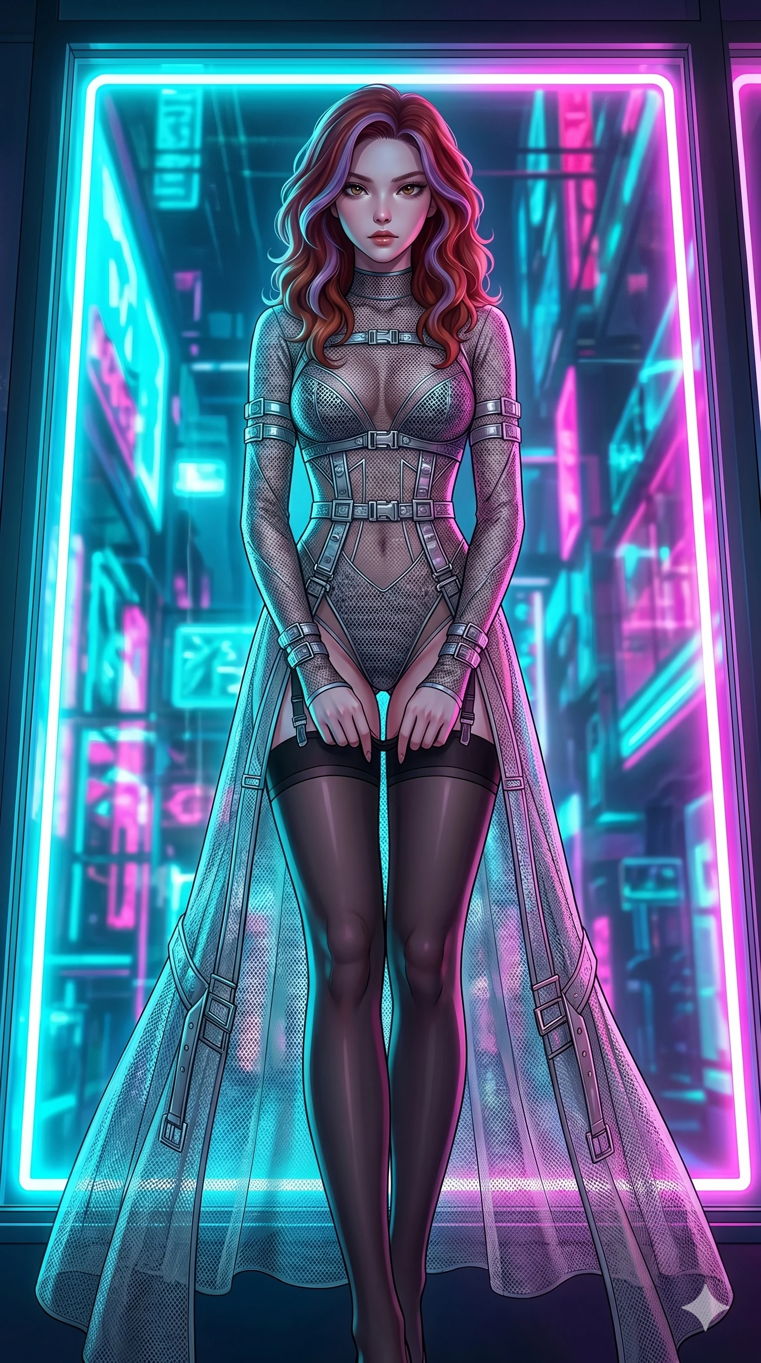 score_9, masterpiece, best quality, ultra-detailed, High-budget Anime Keyframe, East Asian woman. Low angle cowboy shot filling the entire 9:16 frame with her statuesque presence. Scenario 197: Adjusting her thigh-high stocking by a glowing neon window. Her presence is magnetic and overpowering in this high-budget anime scene. Outfit 197: A micro-mesh lace long with a sheer panels and metallic buckles. The clothing is designed to emphasize her exceptionally tall and slender 8-heads proportion. 8-heads proportion, towering silhouette, ultra-slim waist. sharp v-shaped jawline, intricate jewel-like eyes with depth, thick eyelashes, glossy lips. 2k, ultra detail, master piece, 9:16 ratio