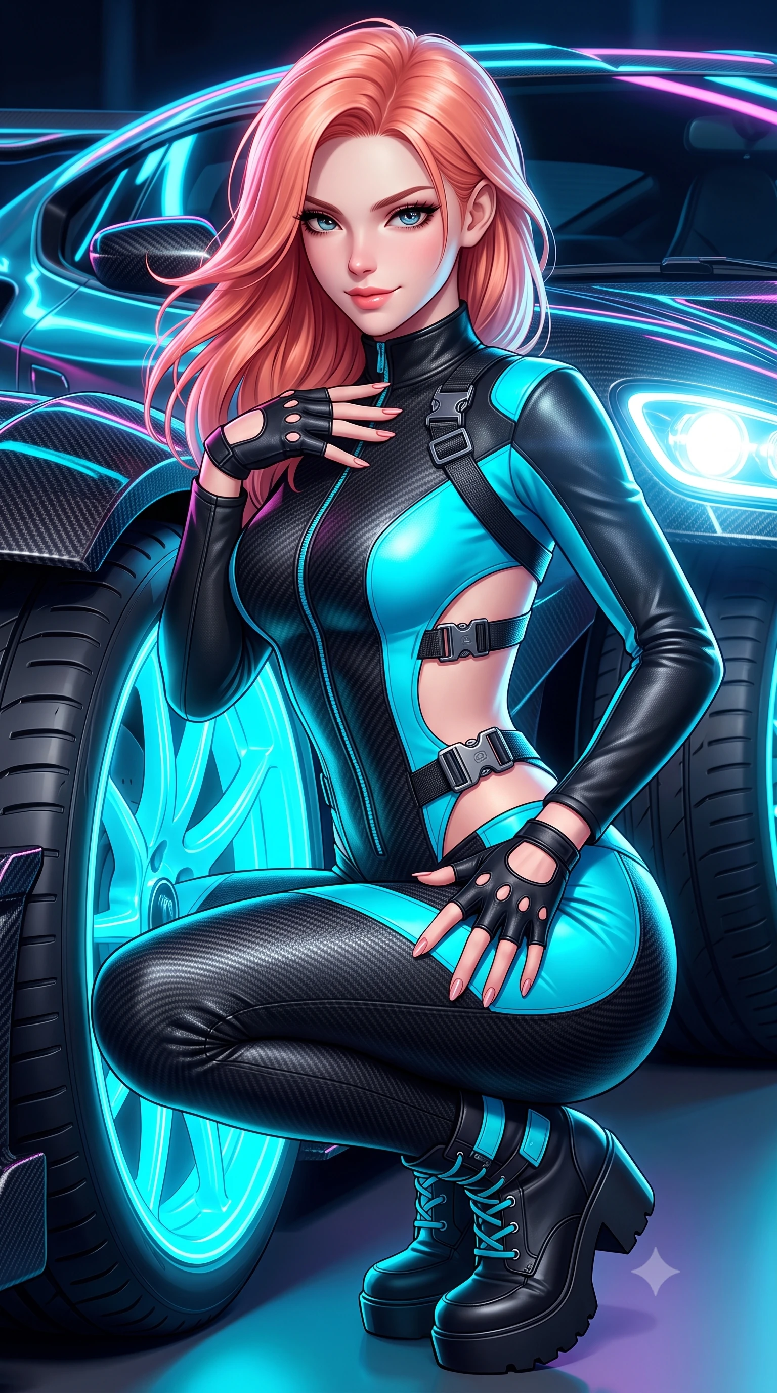 score_9, masterpiece, best quality, ultra-detailed, high-budget anime keyframe, semi-realistic 3D game render, editorial fashion photography, tasteful artistic composition, Japanese woman. close-up cowboy shot from the waist and thighs up, the character dominates the composition, filling the frame with her large presence. resting one manicured hand delicately on her bare collarbone, her upper body twisting in a fluid, voluptuous yet slender curve while crouching low beside a glowing neon wheel rim, one hand resting on her thigh, casting an intense, electrifying smirk. The surrounding environment is rendered in vivid detail and crisp panoramic clarity. sharp carbon-fiber weave textures, polished hypercar body reflections, and tire tread grooves in deep focus. She has an exceptionally elegant, slender, and willowy female figure with an ultra-slim waist, a gracefully sculpted slender torso, toned flat midriff, and a refined slim silhouette. sharp v-shaped jawline, high-bridge nose, intricate jewel-like eyes with depth, thick eyelashes, glossy parted lips with a natural sheen, intensely captivating and seductive expression, flawlessly proportioned anatomical accuracy, strict slender model proportions, natural body alignment, perfectly sculpted long slender limbs, ultra-slim waistline, clean dynamic posture without body distortion. wearing a high-collar leather speedsuit featuring bold side-torso cutouts and quick-release titanium buckles in carbon matte black and neon electric cyan, crafted from flexible reflective spandex and heavy tactical webbing, accessorized with bold platform racing boots and fingerless leather gloves, the precision-cut daring openings accentuating her delicate midriff, graceful bare collarbones, and ultra-slim feminine waistline. bathed in high-intensity xenon hypercar headlights and neon pitlane floodlights. highly saturated vibrant anime colors, detailed shading with soft gradients, rich glossy textures, high-contrast stereoscopic depth, volumetric dynamic lighting, master piece, 9:16 ratio