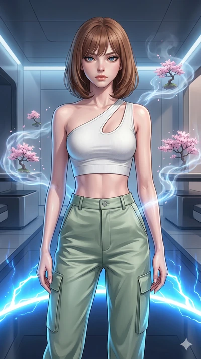 score_9, masterpiece, best quality, ultra-detailed, high-budget anime keyframe, editorial fashion photography, tasteful artistic composition, Caucasian woman, strictly human ears. cowboy shot from the thighs up, character and outfit filling the frame