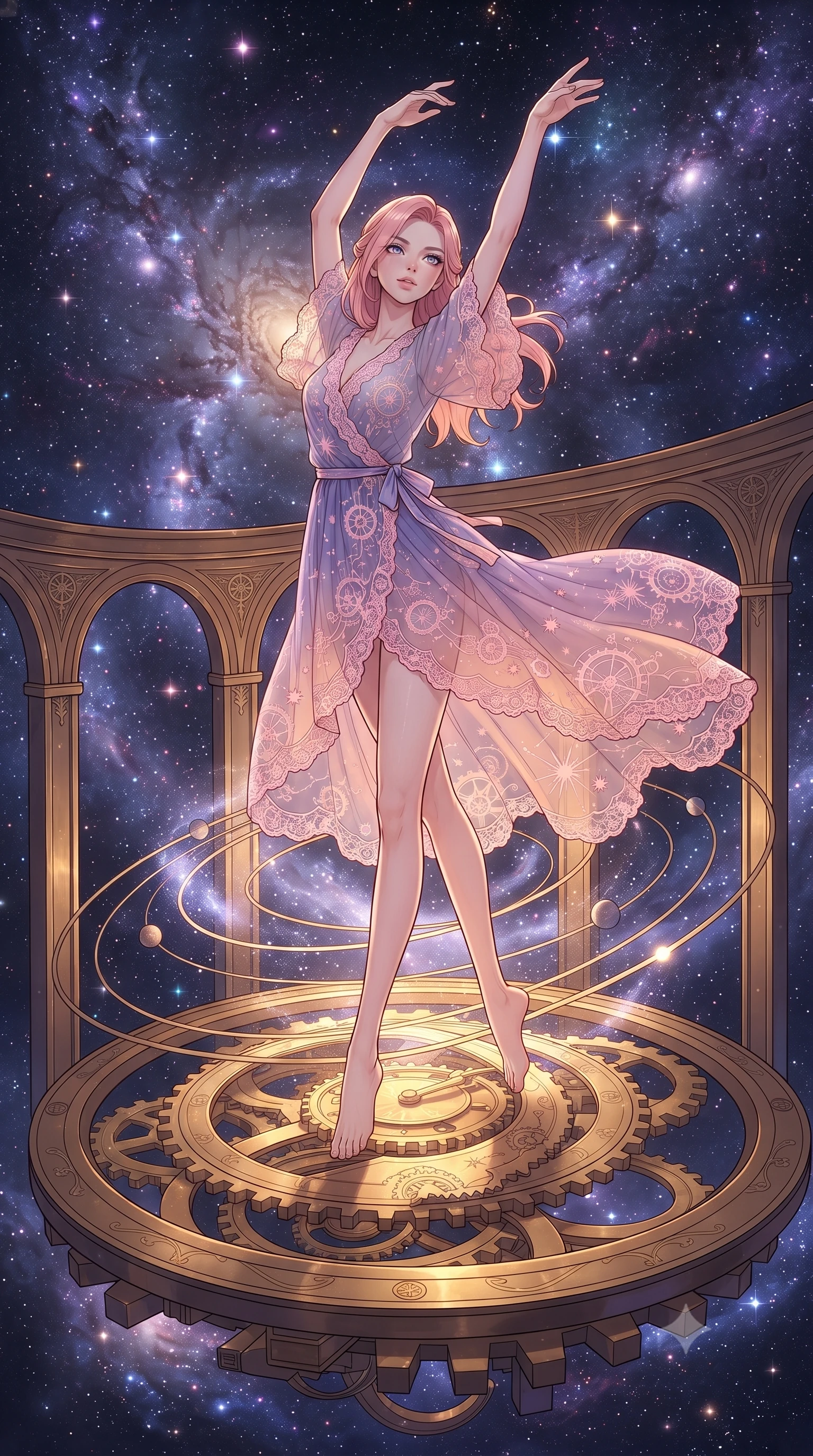 score_9, masterpiece, best quality, ultra-detailed, high-budget anime keyframe, gorgeous anime illustration, artistic 2d flat cel-shaded style, Japanese woman. low angle full-body shot from head to toe showing her feet, filling the entire 9:16 vertical frame with her statuesque presence, stretching her vertical silhouette. leaping gracefully through standing on a floating brass clockwork astrolabe high above a sea of stars, giant rotating gear rings and armillary spheres tracing planetary orbits, glowing cosmic dust swirling through open bronze arches. She has a statuesque 8.5-heads proportion, an exceptionally tall, slender and willowy model-like build with impossibly long legs and a highly sculpted ultra-slim waist. sharp v-shaped jawline, high-bridge nose, intricate jewel-like eyes with depth, thick eyelashes, glossy lips with a natural sheen. wearing a translucent chiffon wrap dress in a lavender-to-peach gradient, detailed with pink lace. warm golden glow from the brass mechanisms colliding with cold cosmic violet starlight from the surrounding nebula. 2k, ultra detail, master piece, 9:16 ratio, vibrant anime color palette, flat color shading, 2d animation style