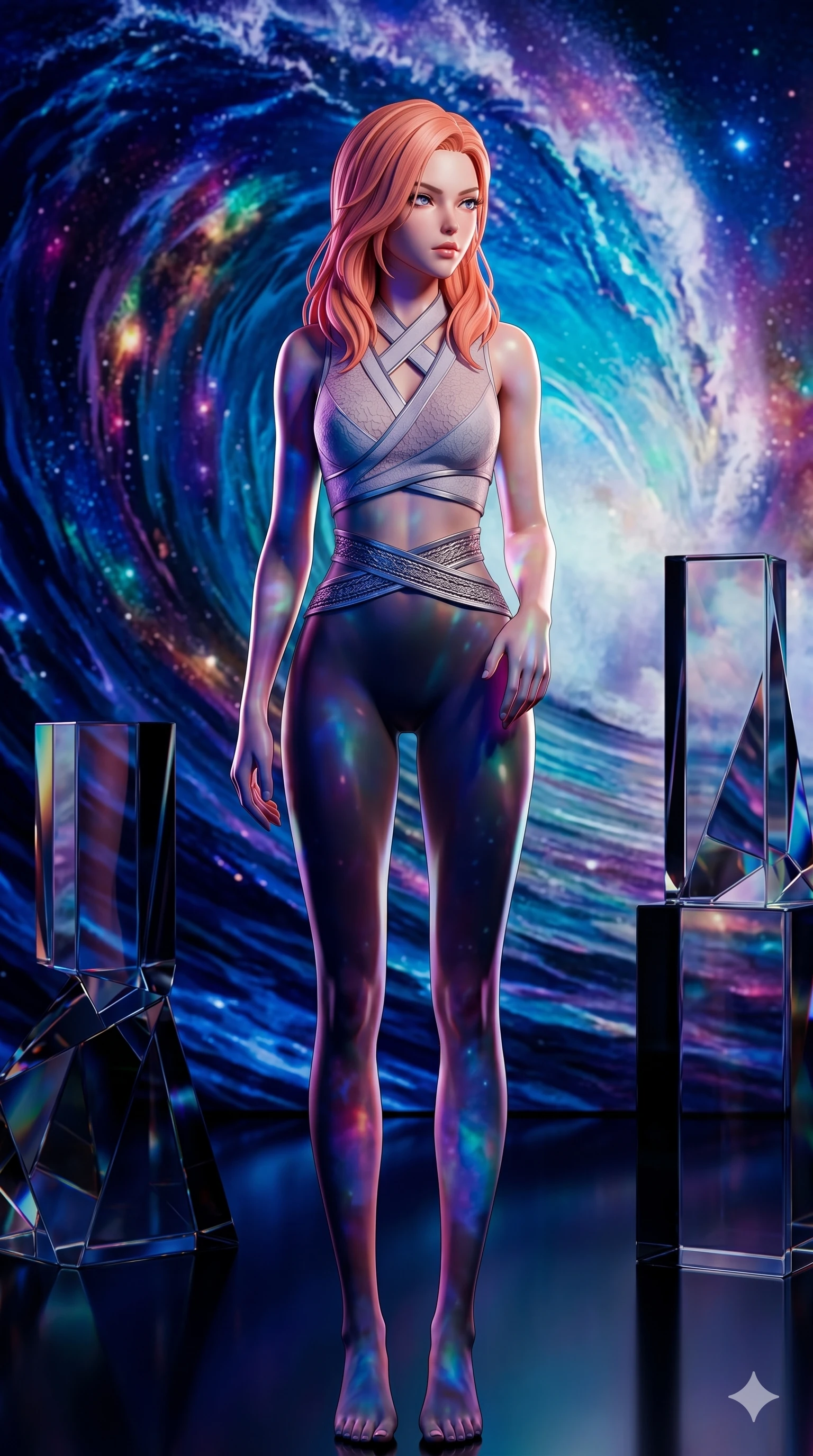 score_9, masterpiece, best quality, ultra-detailed, high-budget anime keyframe, semi-realistic 3D game render, Japanese woman. Upper body close-up from the thighs up, character filling the screen for maximum presence. She is standing in front of a giant digital painting of a cosmic wave, with abstract glass sculptures around. She poses elegantly, glancing sideways with a piercing gaze. She has an absolutely perfect 8-heads proportion, a tall and elegant figure with a refined silhouette and a defined waistline. V-shaped jawline, high-bridge nose, intricate jewel-like eyes with depth, thick eyelashes, glossy lips with a natural sheen. She is wearing a cropped cyber-fusion wrap top with delicate textured panels, a geometric crossover collar, and a high-waisted metallic sash highlighting her defined waistline. The scene is bathed in vibrant projections from the digital painting and a sharp white side key light. 2k, ultra detail, master piece, 9:16 ratio
