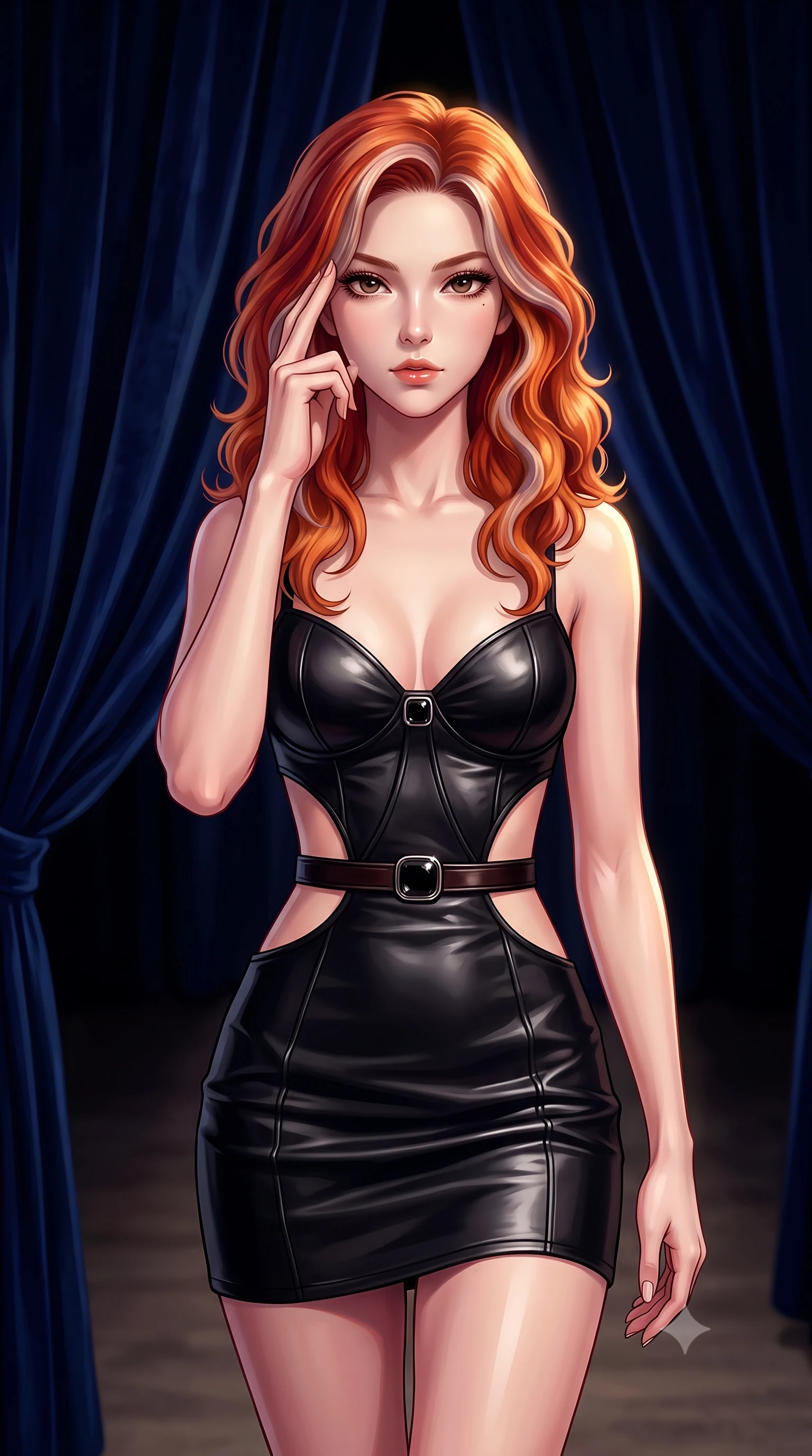 score_9, masterpiece, best quality, ultra-detailed, high-budget anime keyframe, editorial fashion photography, tasteful artistic composition, Caucasian woman. close-up cowboy shot from the waist and thighs up, the character dominates the composition, filling the frame with her large presence, background elements kept in soft focus. Pressing two fingers to her temple in a composed, sharp thoughtful gesture, walking past heavy midnight blue velvet drapery swallowing ambient light, intimate luxury aesthetic with refined editorial framing. She has an exceptionally elegant, slender, and willowy female figure with an ultra-slim waist, a gracefully sculpted slender torso, and a refined silhouette. sharp v-shaped jawline, high-bridge nose, intricate jewel-like eyes with depth, thick eyelashes, glossy lips with a natural sheen. wearing dramatic architectural open-waist cutout mini dress in dark velvet framed by chrome hardware in dark mahogany, made of polished black leather, adorned with minimalist black onyx hardware framing the silhouette, following her slender form with tailored precision. lit by a single warm spotlight emerging from pitch-black background shadows. highly saturated vibrant anime colors, detailed shading with soft gradients, rich glossy textures, high-contrast stereoscopic depth, volumetric dynamic lighting, master piece, 9:16 ratio