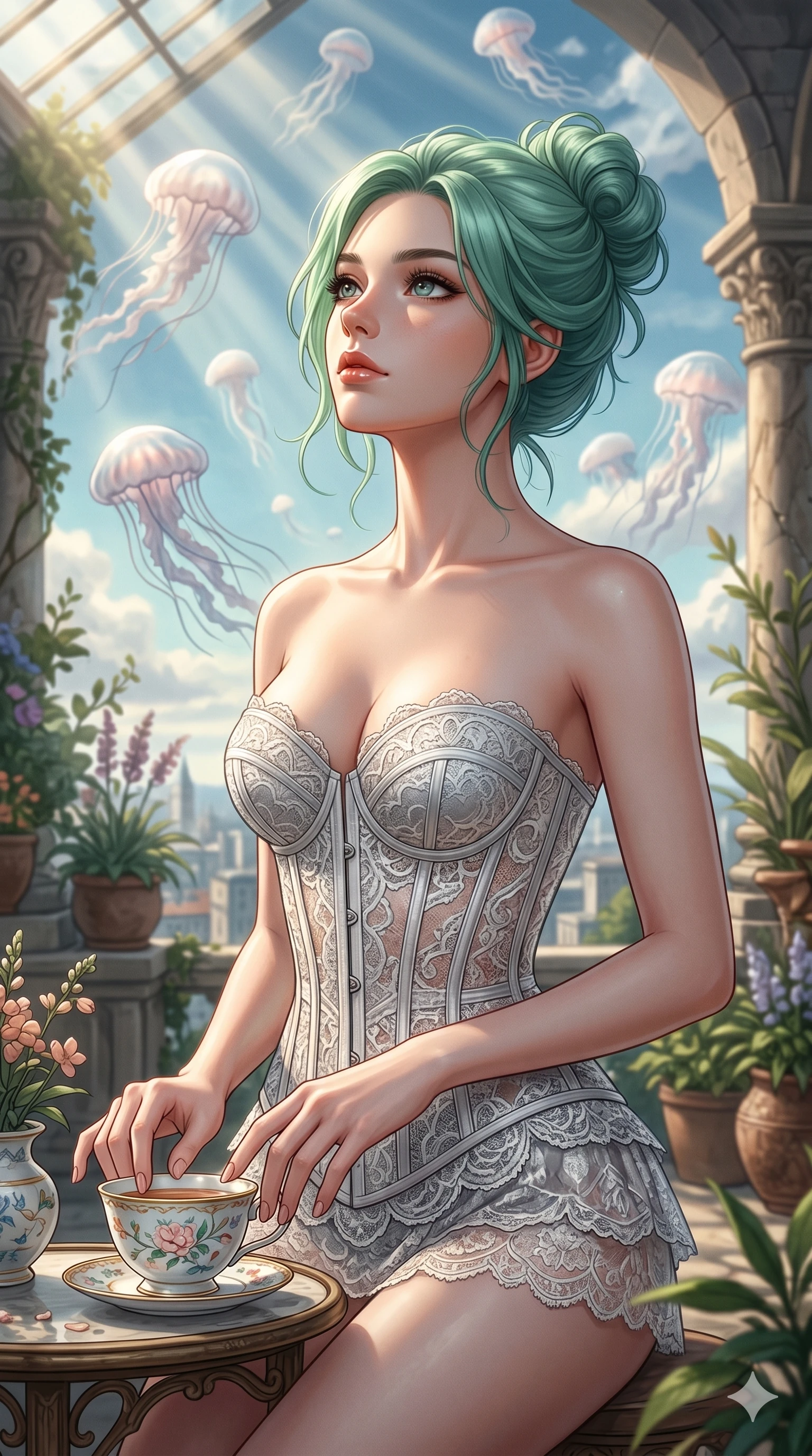 score_9, masterpiece, best quality, ultra-detailed, high-budget anime keyframe, editorial fashion photography, tasteful artistic composition, Japanese woman. cowboy shot from the thighs up, character and outfit filling the frame for maximum editorial presence. resting her fingers on a porcelain tea cup, looking up in a sky garden with jellyfish clouds (Code-P17-177). She has an absolutely perfect 8-heads proportion, an exceptionally tall and slender female figure with impossibly long slender legs and an ultra-slim waist. V-shaped jawline, high-bridge nose, intricate jewel-like eyes with depth, thick eyelashes, glossy lips with a natural sheen. wearing a structured lace corset with sweetheart neckline showing cleavage. soft morning sunbeams filtering through the skylight, highlighting her high-bridge nose. 2k, ultra detail, master piece, 9:16 ratio