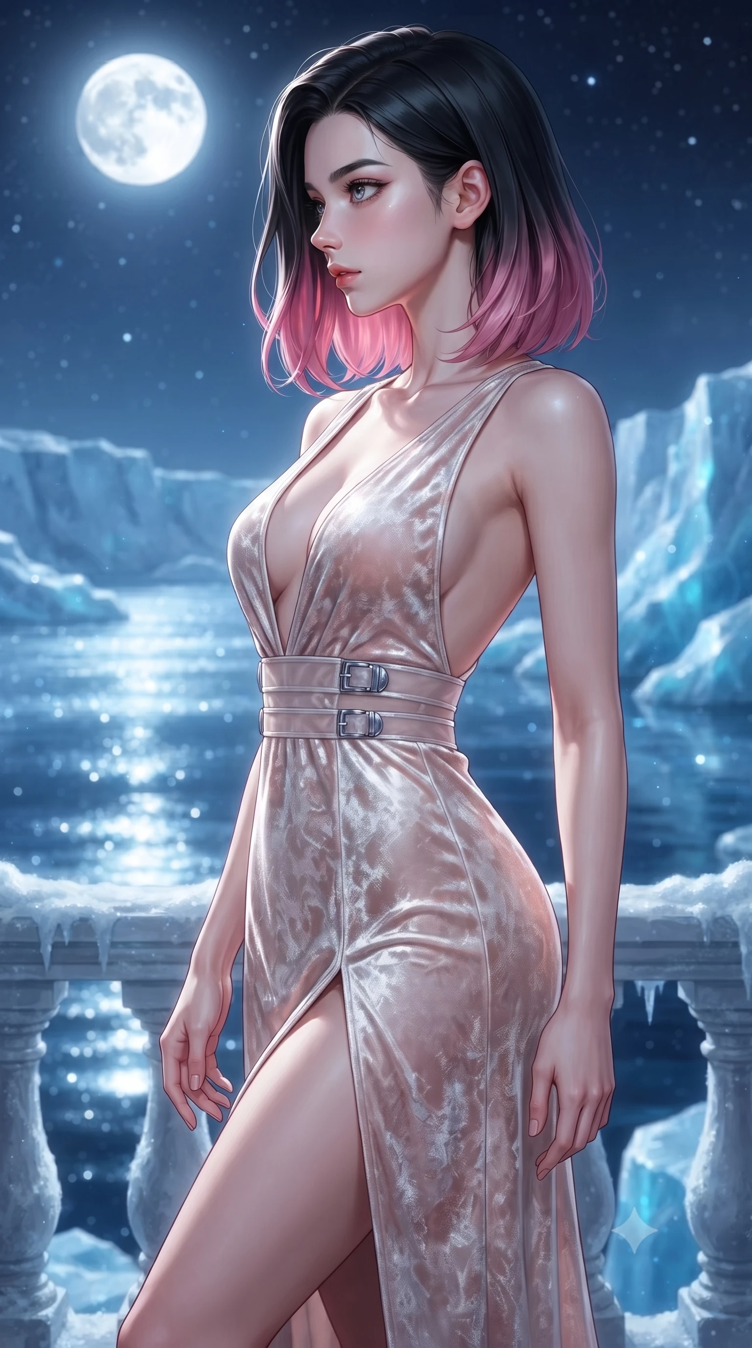 score_9, masterpiece, best quality, ultra-detailed, high-budget anime keyframe, editorial fashion photography, tasteful artistic composition, Korean woman. close-up cowboy shot from the waist and thighs up, the character dominates the composition, filling the frame with her large presence, background elements kept in soft focus. Turning her face in sharp dramatic profile against the bright light, showcasing her sharp v-shaped jawline poised on a frost-carved terrace overlooking a vast glittering glacier at midnight, clear glacial ice reflecting the radiant full moon and starlight like a mirror. She has an exceptionally elegant, slender, and willowy female figure with an ultra-slim waist, a gracefully sculpted slender torso, and a refined silhouette. sharp v-shaped jawline, high-bridge nose, intricate jewel-like eyes with depth, thick eyelashes, glossy lips with a natural sheen. wearing a backless crushed velvet gown with a deep V-neckline and high thigh slit in pearl white and rose gold, woven from fine semi-opaque sheer organza, detailed with polished silver buckles along the waistline, the form-contouring material highlighting her ultra-slim waist and long lines. bathed in brilliant cold silver moonlight and crisp sapphire ambient glow. highly saturated vibrant anime colors, detailed shading with soft gradients, rich glossy textures, high-contrast stereoscopic depth, volumetric dynamic lighting, master piece, 9:16 ratio