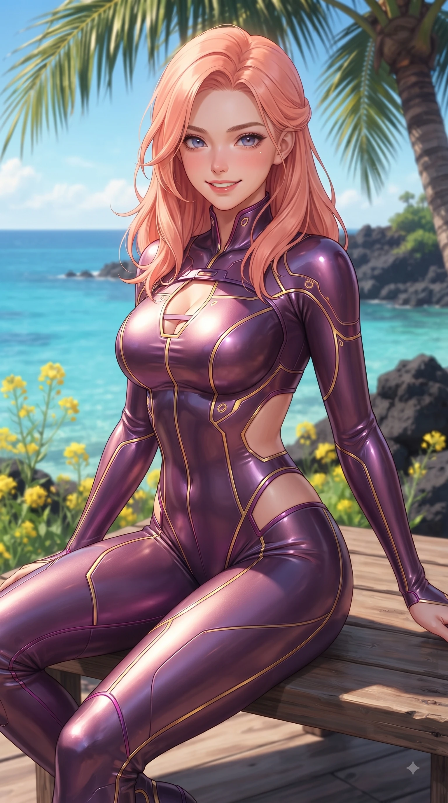 score_9, masterpiece, best quality, ultra-detailed, high-budget anime keyframe, editorial fashion photography, tasteful artistic composition, Japanese woman. close-up cowboy shot from the waist and thighs up, the character dominates the composition, filling the frame with her large presence, background elements kept in soft focus. Gazing directly into the camera with a fresh, infectious smile as her torso curves dynamically in mid-stride while resting on a wooden bench under a palm tree overlooking a crystal-clear tropical cove, blooming yellow canola flowers and dark volcanic basalt rocks contrasting with azure sea. She has an exceptionally elegant, slender, and willowy female figure with an ultra-slim waist, a gracefully sculpted slender torso, and a refined silhouette. sharp v-shaped jawline, high-bridge nose, intricate jewel-like eyes with depth, thick eyelashes, glossy lips with a natural sheen, flawlessly proportioned anatomical accuracy, natural body alignment, perfectly sculpted elegant limbs, clean dynamic posture without body distortion. wearing a skin-tight cybernetic bodysuit with glowing neon seams and side cutouts in plum purple and gold filigree, formed from sleek second-skin neoprene, accented with a Tasteful chest slit framing her clavicle gracefully, the sleek second-skin texture accentuating her magnetic presence. surrounded by a fresh, sun-drenched, and relaxing vacation atmosphere. ultra-reflective glossy finish, specular highlights, metallic sheen, high-contrast stereoscopic depth, volumetric dynamic lighting, 2k, ultra detail, master piece, 9:16 ratio