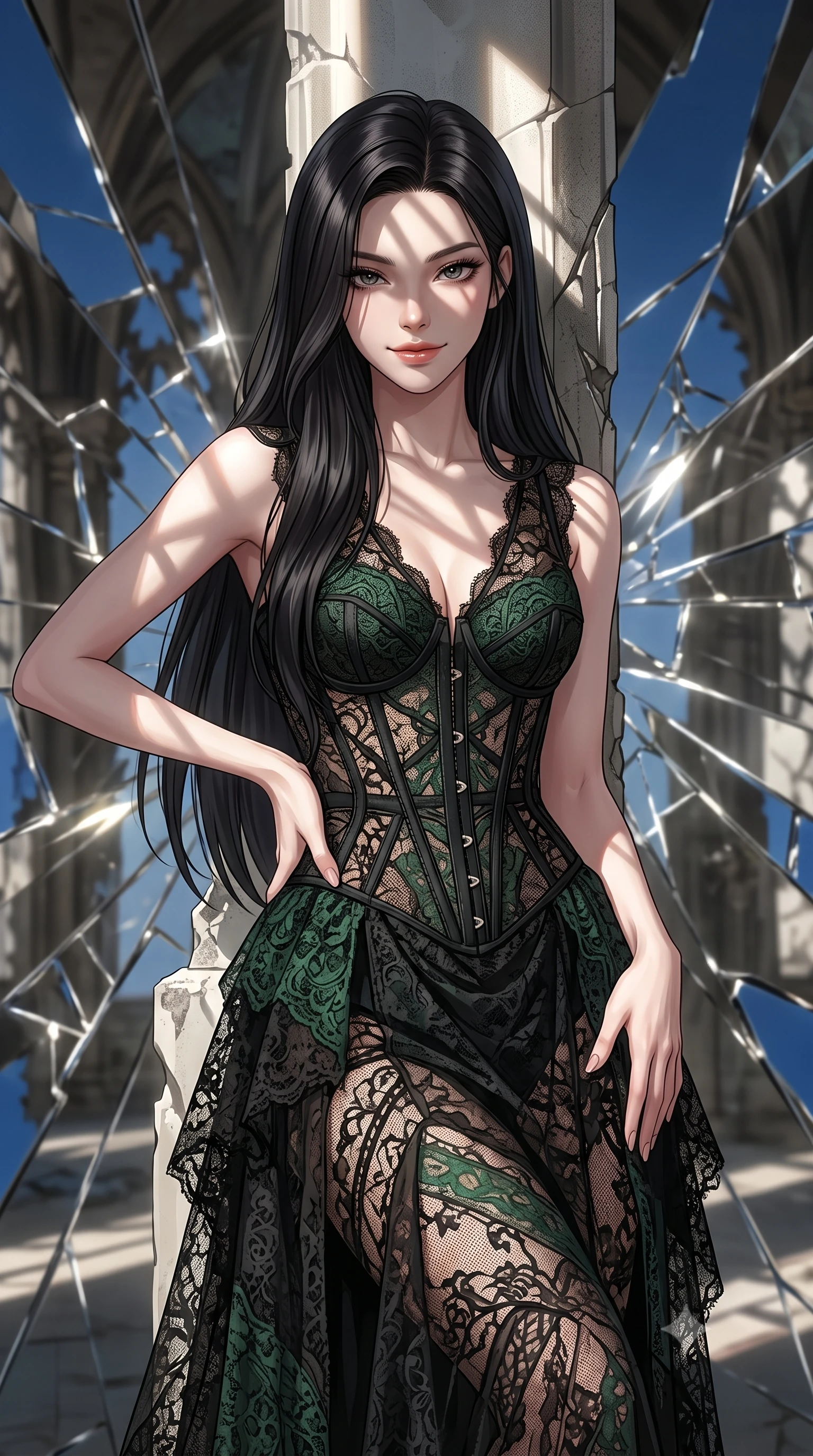 score_9, masterpiece, best quality, ultra-detailed, high-budget anime keyframe, editorial fashion photography, tasteful artistic composition, Korean woman. close-up cowboy shot from the waist and thighs up, the character dominates the composition, filling the frame with her large presence, background elements kept in soft focus. Exhibiting a confident, playful smirk directly into the camera. set against a soft-focus background of standing inside an ancient Gothic ruin where the walls are made of shattered mirror shards, reflecting fragmented pieces of a deep blue sky. She has an exceptionally elegant, slender, and willowy female figure with a highly-defined ultra-slim waist, a gracefully sculpted slender torso, and a refined slim-fit silhouette that contours her form. sharp v-shaped jawline, high-bridge nose, intricate jewel-like eyes with depth, thick eyelashes, glossy lips with a natural sheen. wearing a deconstructed lace gown in black, detailed with forest green lace panels and corset structure. bright sun rays bouncing off the broken mirrors, creating sharp, chaotic beams of light and high-contrast shadows. 2k, ultra detail, master piece, 9:16 ratio