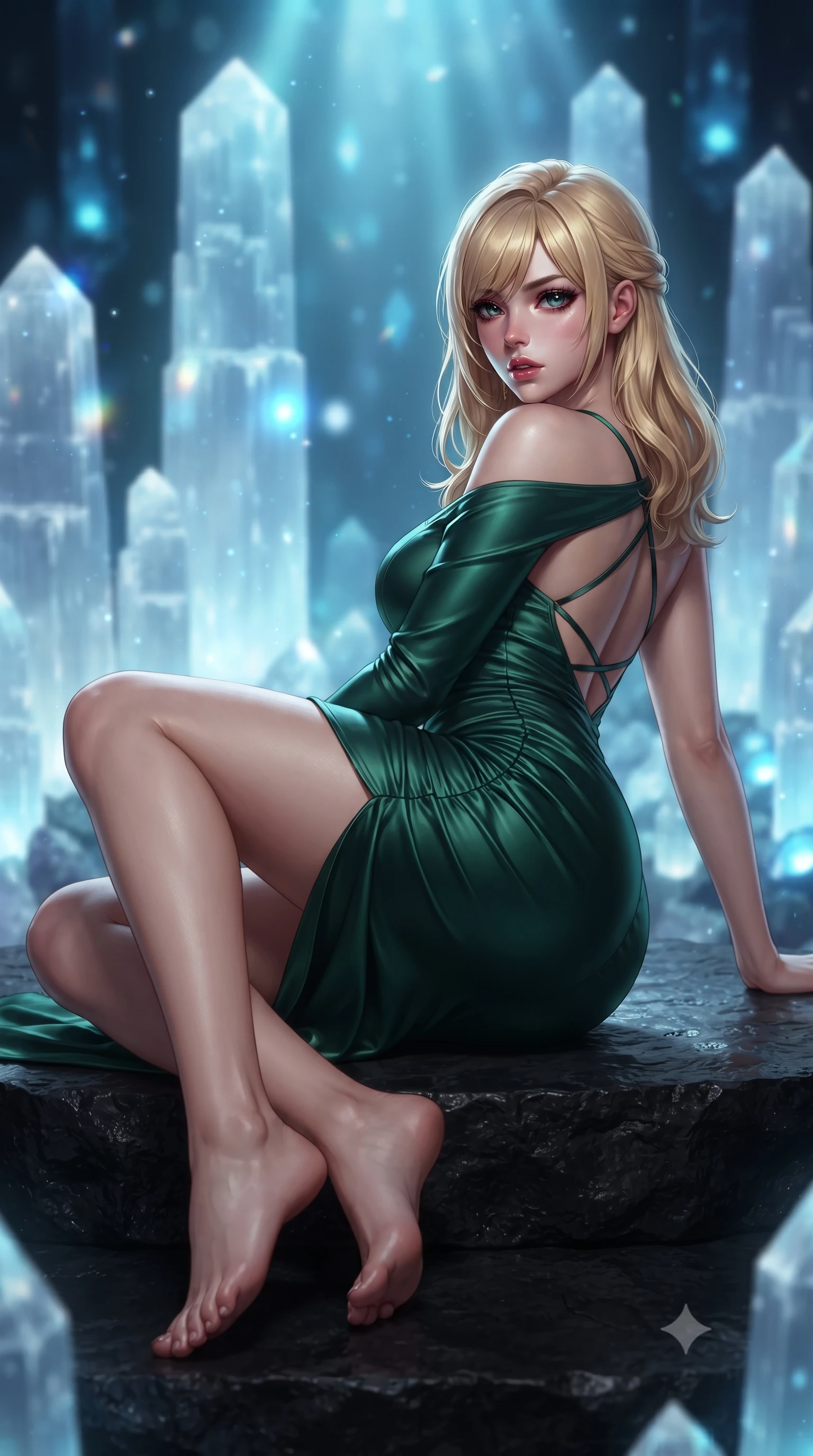 score_9, masterpiece, best quality, ultra-detailed, high-budget anime keyframe, editorial fashion photography, tasteful artistic composition, Caucasian woman. low angle full-body shot from head to toe showing her feet, filling the entire 9:16 vertical frame with her statuesque presence, stretching her vertical silhouette. reclining on her side in an elegant Cleopatra pose with one knee drawn up, the dramatic contour of her rounded hips and long slender legs commanding the 9:16 vertical frame while reclining across a black basalt viewing platform propped on one elbow, her slender waist and feminine curves sculpted by shimmering crystal refractions. The composition keeps background elements in soft focus with creamy bokeh. towering translucent selenite crystal pillars and glowing blue inspection lights blurred into ethereal sapphire, ice-blue, and diamond bokeh. She has an exceptionally tall and slender model-like 8.5-heads proportion, an ultra-slim waist, a flat toned midriff, narrow delicate ribcage, and beautifully sculpted feminine hips creating a graceful, slim hourglass silhouette without any bulky heaviness, with impossibly long slender legs. sharp v-shaped jawline, high-bridge nose, intricate jewel-like eyes with depth, thick eyelashes, glossy parted lips with a natural sheen, intensely captivating and seductive bedroom-eyes expression, flawlessly proportioned anatomical accuracy, strict slender model proportions, natural body alignment, perfectly sculpted long slender limbs, ultra-slim waistline, clean dynamic posture without body distortion. wearing a form-contouring cocktail dress with an asymmetrical open shoulder and hip-defining ruching in deep emerald green satin and gold hardware, tailored from ultra-smooth duchess satin with a pearlescent sheen, finished with criss-cross back satin straps highlighting her graceful shoulder blades, the glove-like aerodynamic silhouette tightly following the natural contour of her hips and long slender legs with statuesque 8.5-heads elegance. bathed in ethereal ice-blue and cyan spotlights filtering through massive translucent mineral crystals. ultra-reflective glossy finish, specular highlights, rich textural contrasts, high-contrast stereoscopic depth, volumetric dynamic lighting, 2k, ultra detail, master piece, 9:16 ratio