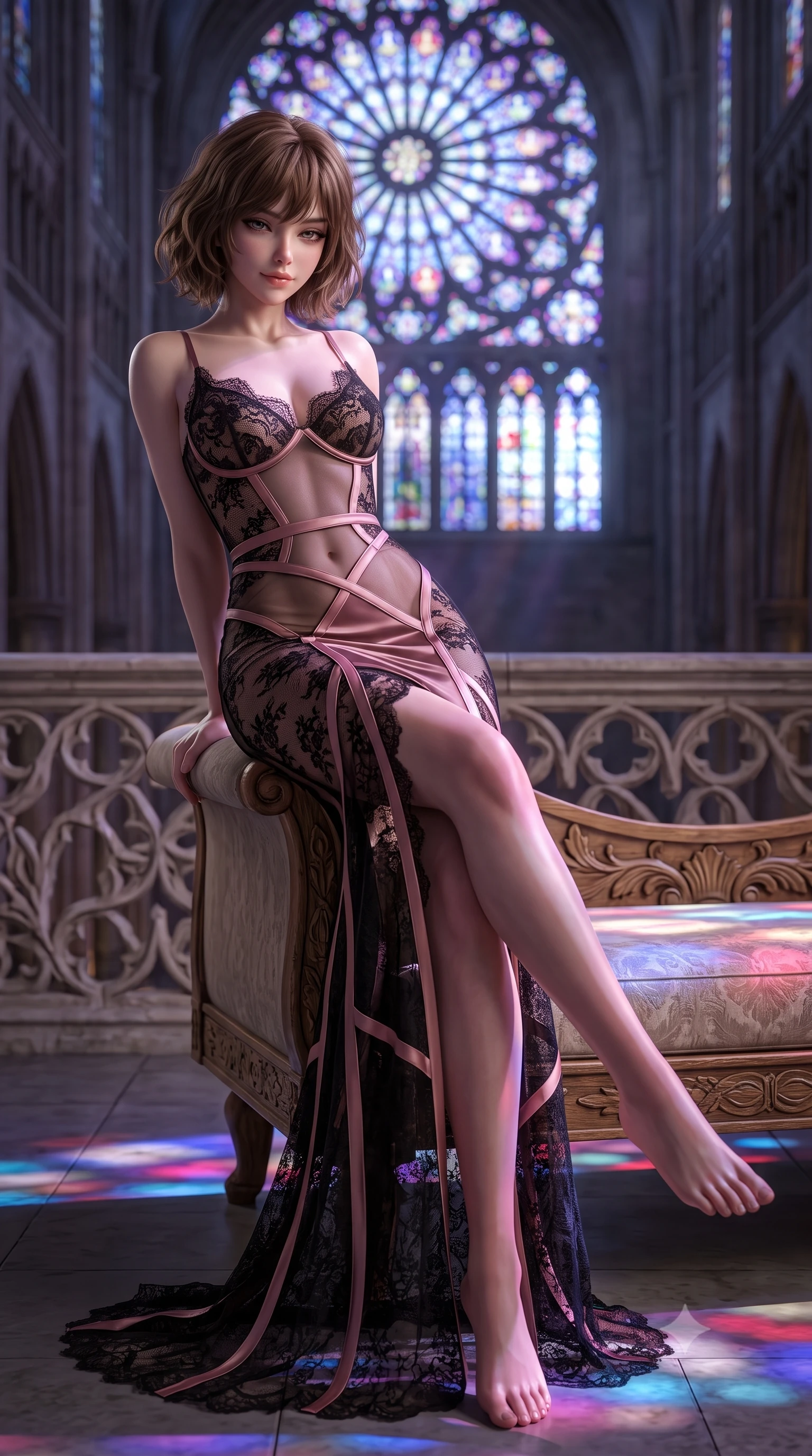 score_9, masterpiece, best quality, ultra-detailed, high-budget anime keyframe, semi-realistic 3D game render, editorial fashion photography, tasteful artistic composition, Caucasian woman. low angle full-body shot from head to toe showing her feet, filling the entire 9:16 vertical frame with her statuesque presence, stretching her vertical silhouette. lounging on the lavish daybed with legs crossed and hips angled toward the camera, displaying her toned midriff and long slender limbs with effortless siren poise while leaning against the carved oak console with hips cocked back, looking down into the vast empty nave with smoldering bedroom-eyes. The background shows a soft-focus carved gallery balustrades softened in sacred gothic cathedral shallow focus. She has an absolutely perfect, statuesque 8.5-heads proportion, an exceptionally tall and slender model-like female figure with impossibly long slender legs, an ultra-slim waist, a flat toned midriff, narrow delicate ribcage, and beautifully sculpted feminine hips creating a graceful, slim hourglass silhouette without any bulky heaviness. sharp v-shaped jawline, high-bridge nose, sparkling eyes with hypnotic seductive depth, thick curled eyelashes, glossy parted lips with a natural dewy peach sheen, alluring bedroom-eyes with an enchanting coquettish smile, exuding magnetic siren charisma and sophisticated glamour, flawlessly proportioned anatomical accuracy, strict slender model proportions, natural body alignment, perfectly sculpted long slender limbs, ultra-slim waistline, clean dynamic posture without body distortion. wearing a provocative sheer illusion mesh vampire gown with liquid satin ribbons contouring her hourglass curves in dusky blush rose and antique black lace, made of delicate semi-sheer French Chantilly lace with intricate eyelash edges, finished with scalloped eyelash lace trim framing her sweetheart neckline with intimate elegance, the glove-like clinging cut tightly following the natural contour of her hips and long slender legs with youthful 8.5-heads elegance. bathed in ethereal jewel-toned moonlight filtering through the colossal stained-glass rose window. highly saturated vibrant anime colors, detailed shading with soft gradients, rich glossy textures, high-contrast stereoscopic depth, volumetric dynamic lighting, master piece, 9:16 ratio