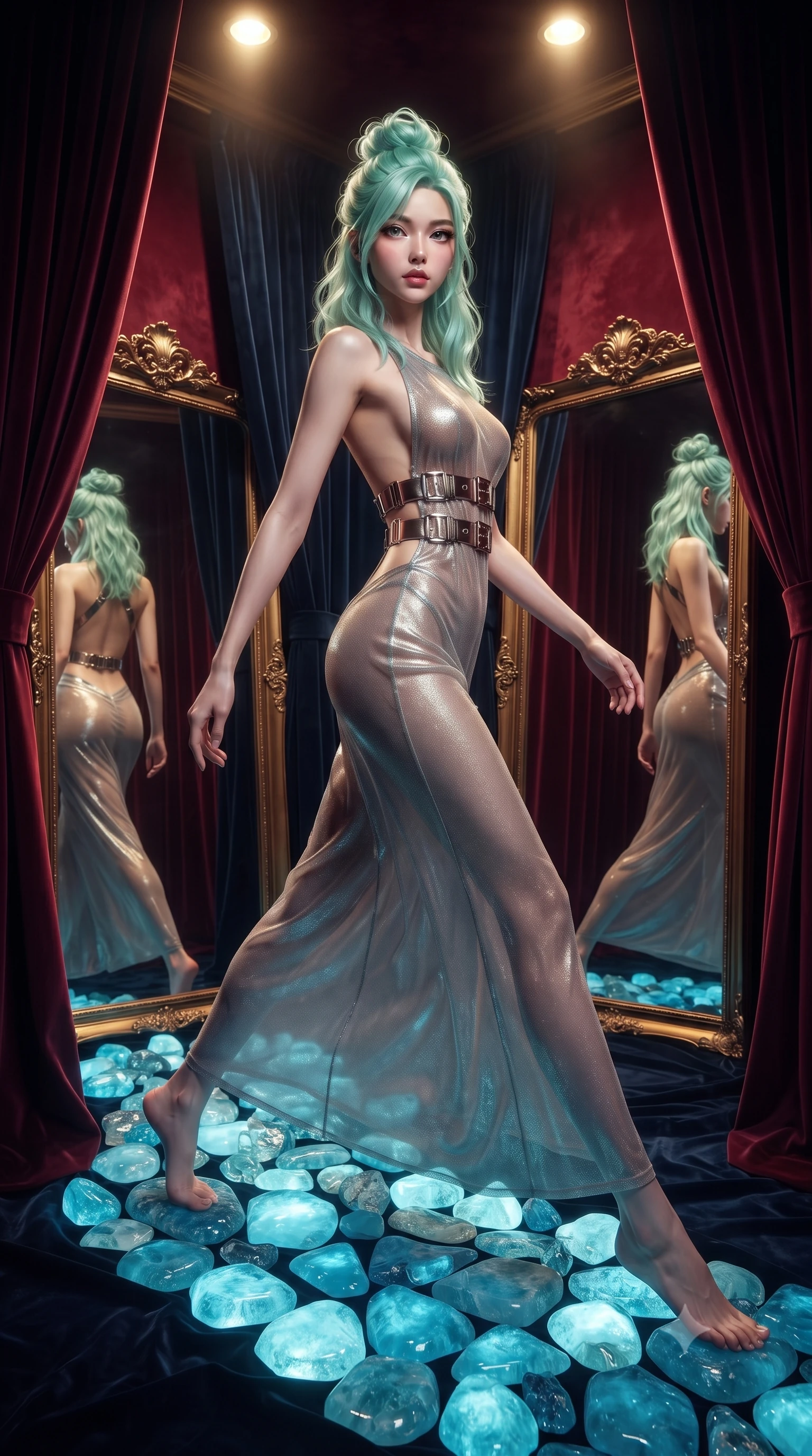 score_9, masterpiece, best quality, ultra-detailed, High-budget Anime Keyframe, editorial fashion photography, tasteful artistic composition, realistic cosplay photography, East Asian woman. Dynamic full-body shot stretching the vertical silhouette to the limit. Scenario 352: stepping across glowing azure stones in a velvet-lined dressing room illuminated by soft golden spotlights. Her presence is magnetic and overpowering in this high-budget cinematic scene. Outfit 352: a body-hugging shimmering chiffon bare with a backless design and metallic buckles. The clothing is designed to emphasize her exceptionally tall and slender 8-heads proportion. 8-heads proportion, towering silhouette, ultra-slim waist. sharp v-shaped jawline, intricate jewel-like eyes with depth, thick eyelashes, glossy lips. ultra-reflective glossy finish, specular highlights, metallic sheen, high-contrast stereoscopic depth, volumetric dynamic lighting, 2k, ultra detail, master piece, 9:16 ratio
