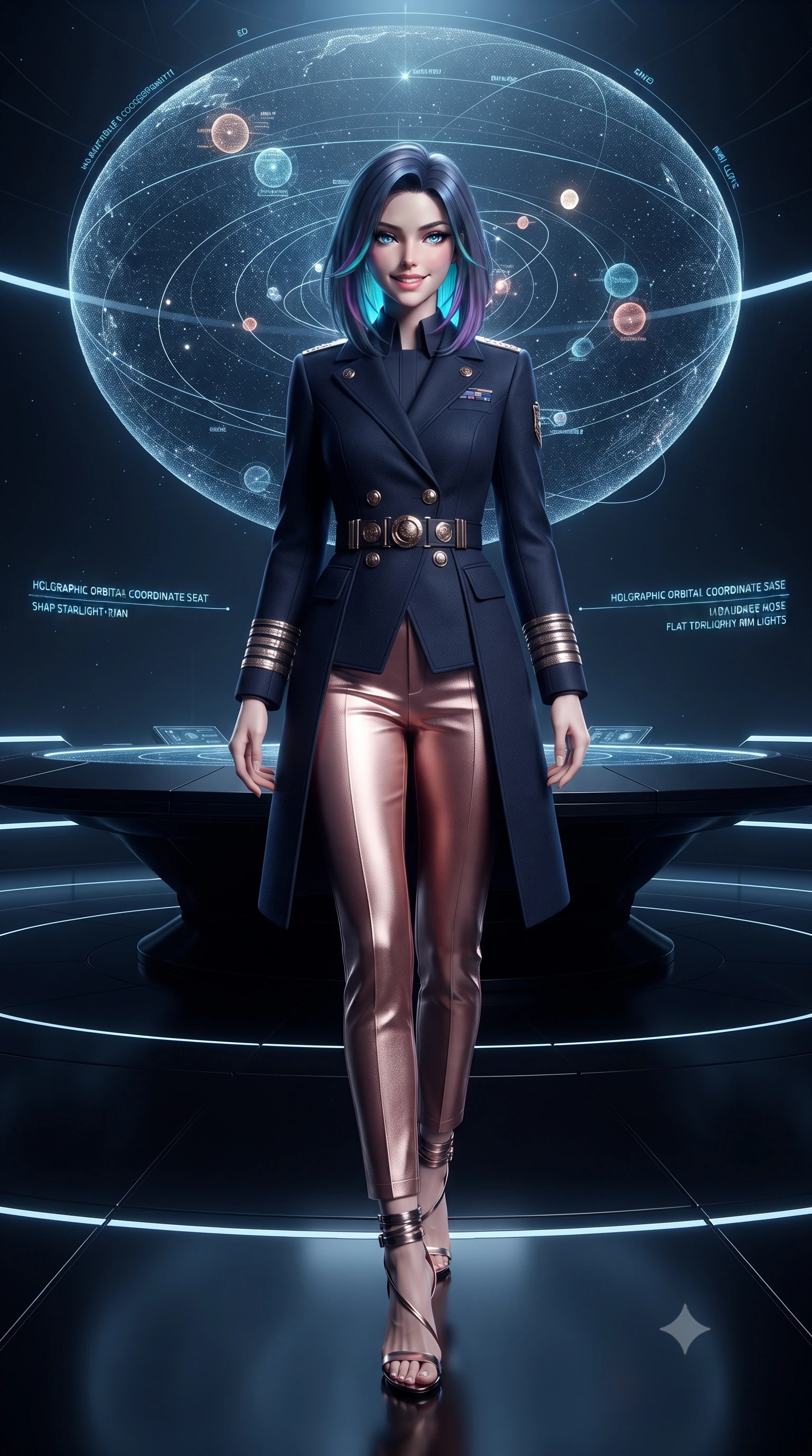 score_9, masterpiece, best quality, ultra-detailed, high-budget anime keyframe, editorial fashion photography, tasteful artistic composition, Caucasian woman. low angle full-body shot from head to toe showing her feet, filling the entire 9:16 vertical frame with her statuesque presence, stretching her vertical silhouette. stepping slowly toward the camera with hypnotic grace, hips swaying in an alluring sensual rhythm that accentuates her curvy hourglass silhouette and long slender legs while standing poised at the center of the circular black obsidian war-room beneath a monumental 3D holographic star system map, arching her lower back with sovereign supermodel grace. The surrounding environment is rendered in vivid detail and crisp panoramic clarity: sharp circular black obsidian dais reflections, polished brass tactical dials, and crisp holographic orbital coordinate text in deep focus. She has an exceptionally tall and slender model-like 8.5-heads proportion, an ultra-slim waist, a flat toned midriff, narrow delicate ribcage, and beautifully sculpted feminine hips creating a graceful, slim hourglass silhouette without any bulky heaviness, with impossibly long slender legs. sharp v-shaped jawline, high-bridge nose, intricate jewel-like sparkling eyes with depth, thick eyelashes, glossy parted lips with a natural peach sheen, bright cheerful beaming smile with an enchanting and coquettish sensual glint, exuding both youthful cute charm and seductive allure, flawlessly proportioned anatomical accuracy, strict slender model proportions, natural body alignment, perfectly sculpted long slender limbs, ultra-slim waistline, clean dynamic posture without body distortion. wearing a tailored flight command officer coat in midnight navy with structured lapels, metallic rank braids, and tailored slim trousers in high-gloss rose-gold and burnished copper, tailored from high-density tech-wool with subtle metallic thread weave, complemented by strappy stiletto sandals with metallic ankle wraps accentuating her slender calves, the bespoke structured tailoring following the natural line of her 8.5-heads silhouette with refined elegance. illuminated by polished obsidian dais bounce and sharp starlight-cyan rim lights defining her razor-sharp jawline, narrow waist, and curvy hips. ultra-reflective glossy finish, specular highlights, rich textural contrasts, high-contrast stereoscopic depth, volumetric dynamic lighting, 2k, ultra detail, master piece, 9:16 ratio