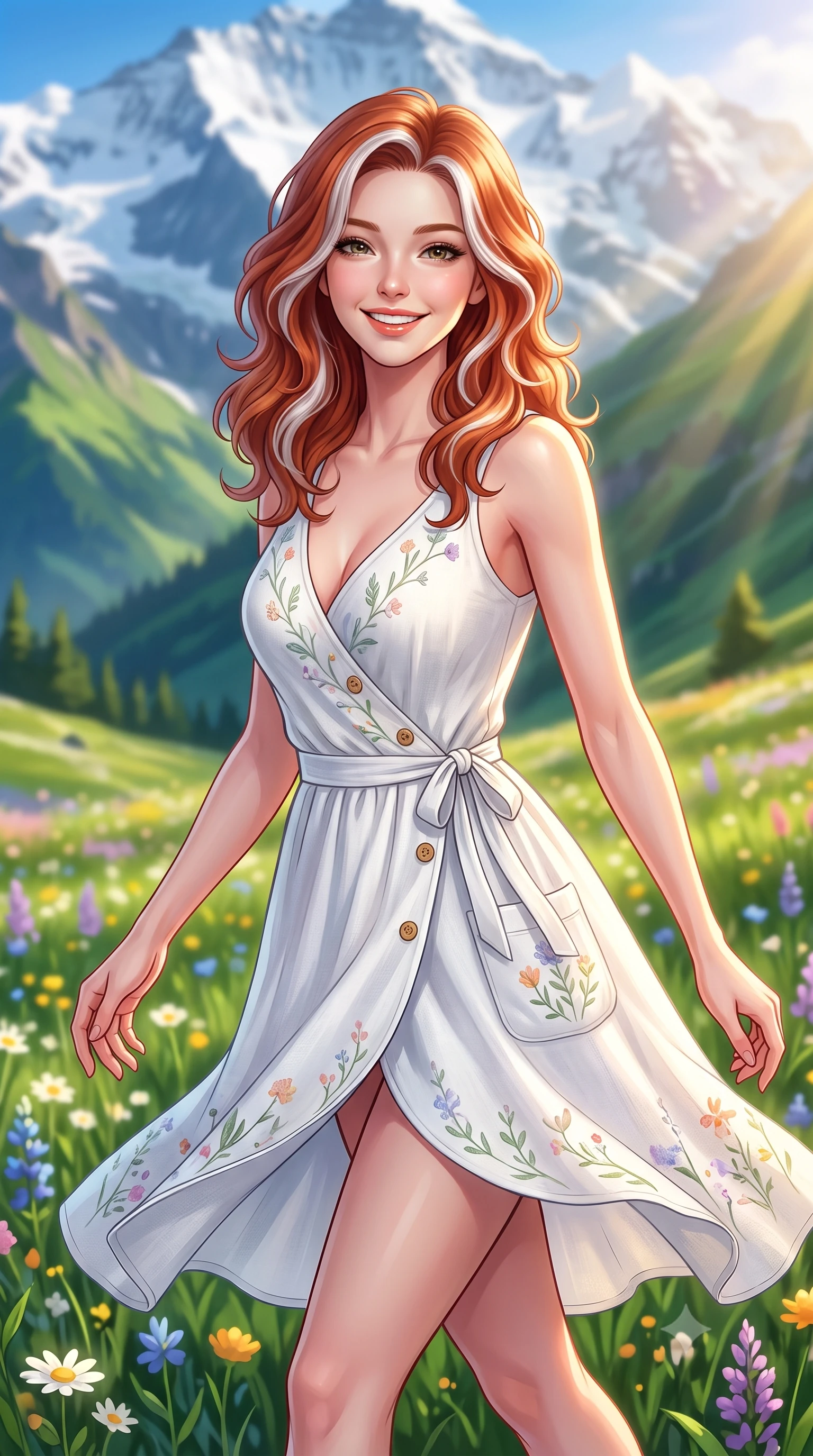 score_9, masterpiece, best quality, ultra-detailed, high-budget anime keyframe, semi-realistic 3D game render, editorial fashion photography, tasteful artistic composition, Caucasian woman. close-up cowboy shot from the waist and thighs up, the character dominates the composition, filling the frame with her large presence. radiating a joyful bright smile with sparkling jewel-like eyes and pure charming energy, leaning forward with playful grace while strolling gracefully through vibrant alpine wildflower fields under dramatic snow-capped peaks with a beaming bright smile. The composition keeps background elements in soft focus with creamy bokeh. blooming alpine meadows and distant snowcapped mountain peaks blurred into creamy azure, emerald, and pastel violet bokeh. She has an exceptionally elegant, slender, and willowy female figure with an ultra-slim waist, a gracefully sculpted slender torso, toned flat midriff, and a refined slim silhouette. sharp v-shaped jawline, high-bridge nose, intricate jewel-like eyes with depth, thick eyelashes, glossy lips with a natural sheen, pure and lovely fresh girlhood expression, flawlessly proportioned anatomical accuracy, strict slender model proportions, natural body alignment, perfectly sculpted long slender limbs, ultra-slim waistline, clean dynamic posture without body distortion. wearing a romantic wrap-style linen sundress with subtle botanical embroidery and a dainty waist tie in fresh alpine white with subtle pastel floral accents, crafted from soft breathable linen that flutters gently in the breeze, finished with neat natural wooden buttons and patch pocket details, the breezy lightweight fabric fluttering softly against her delicate collarbones, narrow waist, and feminine curves. illuminated by warm golden sunbeams streaming across lush green mountain slopes. highly saturated vibrant anime colors, detailed shading with soft gradients, rich glossy textures, high-contrast stereoscopic depth, volumetric dynamic lighting, master piece, 9:16 ratio