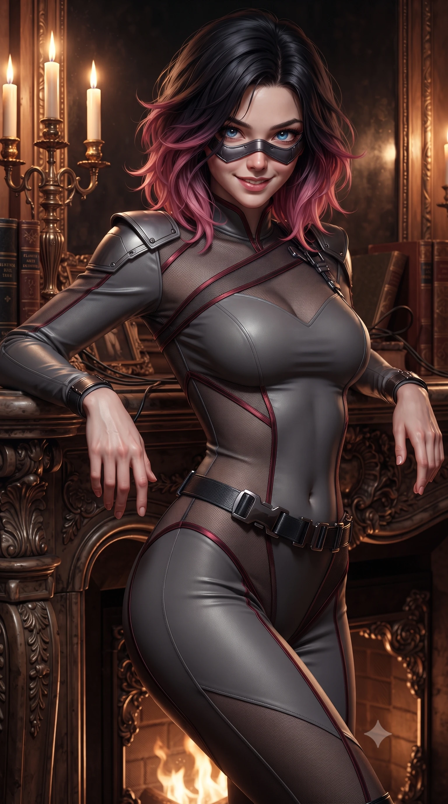 score_9, masterpiece, best quality, ultra-detailed, high-budget anime keyframe, editorial fashion photography, tasteful artistic composition, Korean woman. close-up cowboy shot from the waist and thighs up, the character dominates the composition, filling the frame with her large presence. radiating intense magnetic charisma with jewel-like eyes locked onto the viewer, her upper body turning in a dynamic, fluid S-curve while resting against a candlelit grand fireplace with mask slightly lowered, smiling with dangerous, bewitching elegance. The surrounding environment is rendered in vivid detail and crisp panoramic clarity. detailed baroque fireplace mantels, concealed listening device wires, and antique book spines in high clarity. She has an exceptionally elegant, slender, and willowy female figure with an ultra-slim waist, a gracefully sculpted slender torso, toned flat midriff, and a refined slim silhouette. sharp v-shaped jawline, high-bridge nose, intricate jewel-like eyes with depth, thick eyelashes, glossy lips with a natural sheen, captivating and magnetic expression, flawlessly proportioned anatomical accuracy, strict slender model proportions, natural body alignment, perfectly sculpted long slender limbs, ultra-slim waistline, clean dynamic posture without body distortion. wearing a sharp asymmetrical spy bodysuit with sheer contouring mesh panels, reinforced strike shoulders, and utility waist harness in storm grey and dark scarlet trim, made of high-mobility liquid jersey and semi-opaque reinforced mesh, accented with concealed lockpick wristbands and polished dark chrome hardware edition #15, the breezy yet form-flattering drape swaying gracefully with her steps, accentuating her long willowy limbs and slim waistline. bathed in romantic warm candelabra glow and dramatic fireplace ember uplights. ultra-reflective glossy finish, specular highlights, rich textural contrasts, high-contrast stereoscopic depth, volumetric dynamic lighting, 2k, ultra detail, master piece, 9:16 ratio
