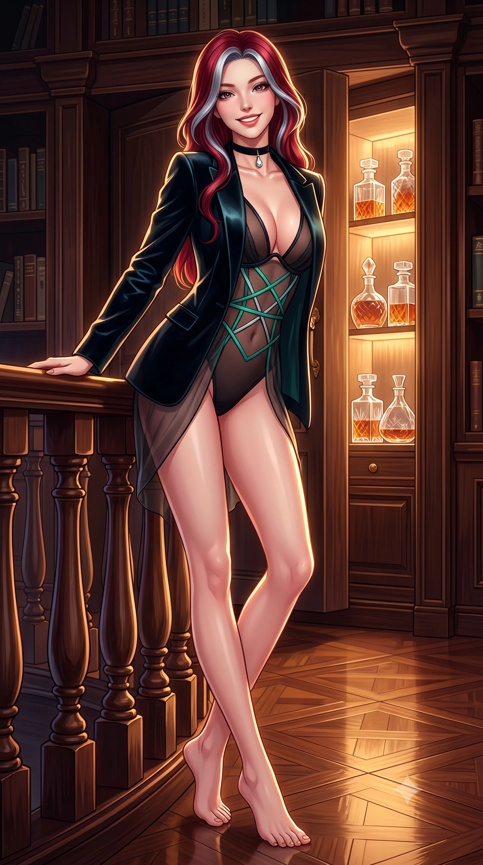 score_9, masterpiece, best quality, ultra-detailed, high-budget anime keyframe, semi-realistic 3D game render, editorial fashion photography, tasteful artistic composition, Caucasian woman. low angle full-body shot from head to toe showing her feet, filling the entire 9:16 vertical frame with her statuesque presence, stretching her vertical silhouette. leaning deep against the balcony balustrade with hips cocked back in an unapologetically alluring high-fashion stance, casting an intoxicating glance while standing poised beside the secret revolving bookcase entrance revealing illuminated crystal liquor decanters, arching her lower back with seductive dark-academia allure. The surrounding environment is rendered in vivid detail and crisp panoramic clarity: detailed tailored liquid velvet smoking blazer unbuttoned over sheer noir mesh underwire bodysuit, and master joinery in razor-sharp precision. She has an exceptionally tall and slender model-like 8.5-heads proportion, an ultra-slim waist, a flat toned midriff, narrow delicate ribcage, and beautifully sculpted feminine hips creating a graceful, slim hourglass silhouette without any bulky heaviness, with impossibly long slender legs. sharp v-shaped jawline, high-bridge nose, intricate jewel-like sparkling eyes with depth, thick eyelashes, glossy parted lips with a natural peach sheen, bright cheerful beaming smile with an enchanting and coquettish sensual glint, exuding both youthful cute charm and seductive allure, flawlessly proportioned anatomical accuracy, strict slender model proportions, natural body alignment, perfectly sculpted long slender limbs, ultra-slim waistline, clean dynamic posture without body distortion. wearing a provocative plunging sheer micro-mesh leotard with criss-cross neon strap details across her flat midriff in Nordic aurora emerald green and starlight silver, made of sheer gossamer chiffon that drapes softly against skin with airy translucence, finished with a thin velvet ribbon choker and a single teardrop diamond pendant, the glove-like clinging cut tightly following the natural contour of her hips and long slender legs with youthful 8.5-heads elegance. illuminated by polished parquet reflection bounce and sharp champagne-gold rim lights defining her dewy collarbones, ultra-slim waist, and curvy hips. highly saturated vibrant anime colors, detailed shading with soft gradients, rich glossy textures, high-contrast stereoscopic depth, volumetric dynamic lighting, master piece, 9:16 ratio