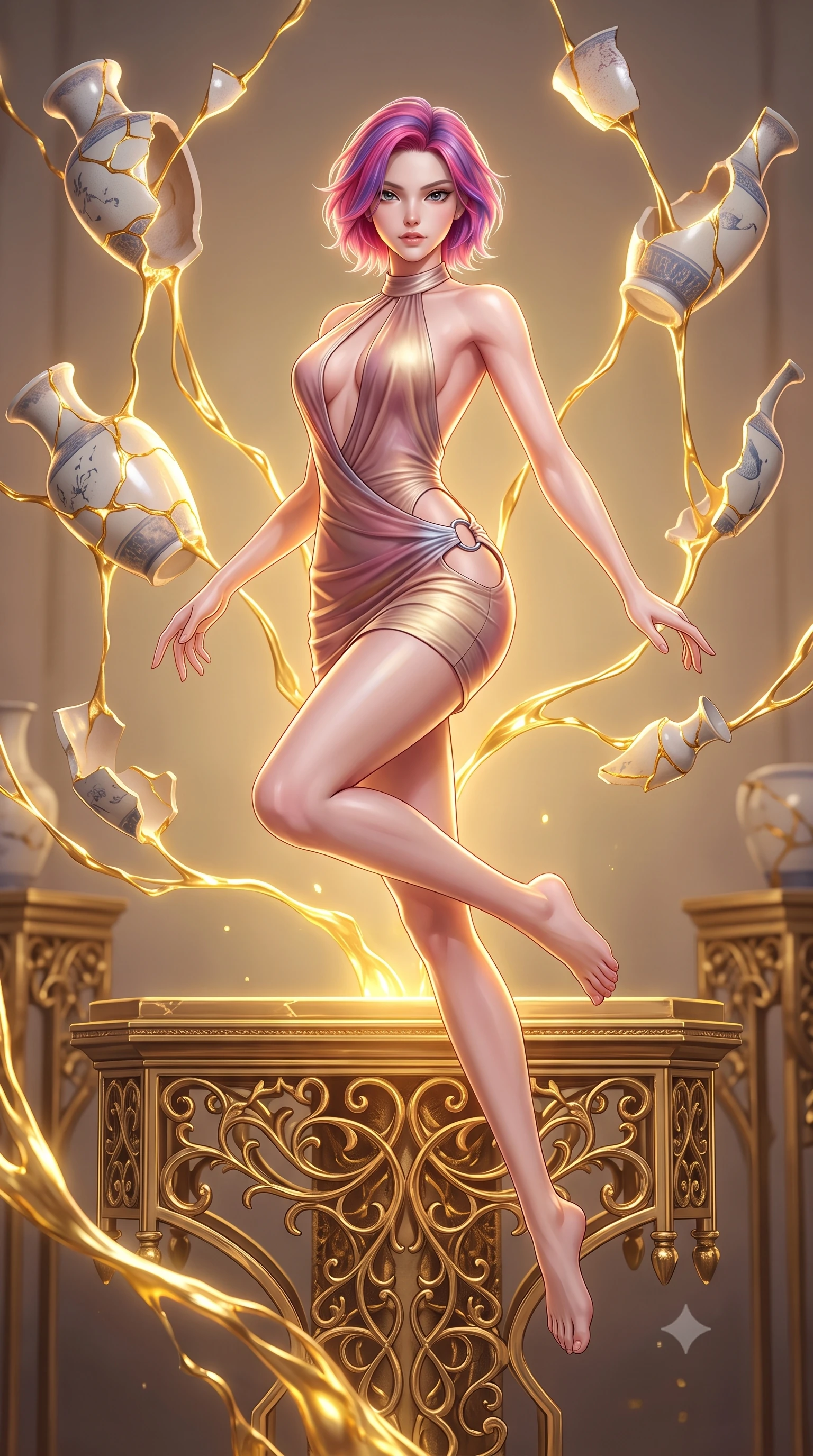 score_9, masterpiece, best quality, ultra-detailed, high-budget anime keyframe, editorial fashion photography, tasteful artistic composition, Caucasian woman. low angle full-body shot from head to toe showing her feet, filling the entire 9:16 vertical frame with her statuesque presence, stretching her vertical silhouette. leaping gracefully through mid-air with statuesque elegance, her impossibly long slender legs stretched in perfect balance while balancing on a golden filigree altar as liquid gold streams connect suspended vase fragments, luminous gold kintsugi seams glowing with intense golden inner radiance. She has an absolutely perfect, statuesque 8.5-heads proportion, an exceptionally tall and slender model-like female figure with impossibly long slender legs and an ultra-slim waist. sharp v-shaped jawline, high-bridge nose, intricate jewel-like eyes with depth, thick eyelashes, glossy lips with a natural sheen, flawlessly proportioned anatomical accuracy, natural body alignment, perfectly sculpted elegant limbs, clean dynamic posture without body distortion. wearing a deep-scoop halter bodycon dress with hip cutouts connected by silver rings in dusty rose and champagne gold, crafted from iridescent chiffon that shifts colors in the light, accented with a Tasteful chest slit framing her clavicle gracefully, the glove-like fit emphasizing her statuesque silhouette during motion. bathed in radiant golden kintsugi light radiating from ceramic cracks. highly saturated vibrant anime colors, detailed shading with soft gradients, rich glossy textures, high-contrast stereoscopic depth, volumetric dynamic lighting, master piece, 9:16 ratio