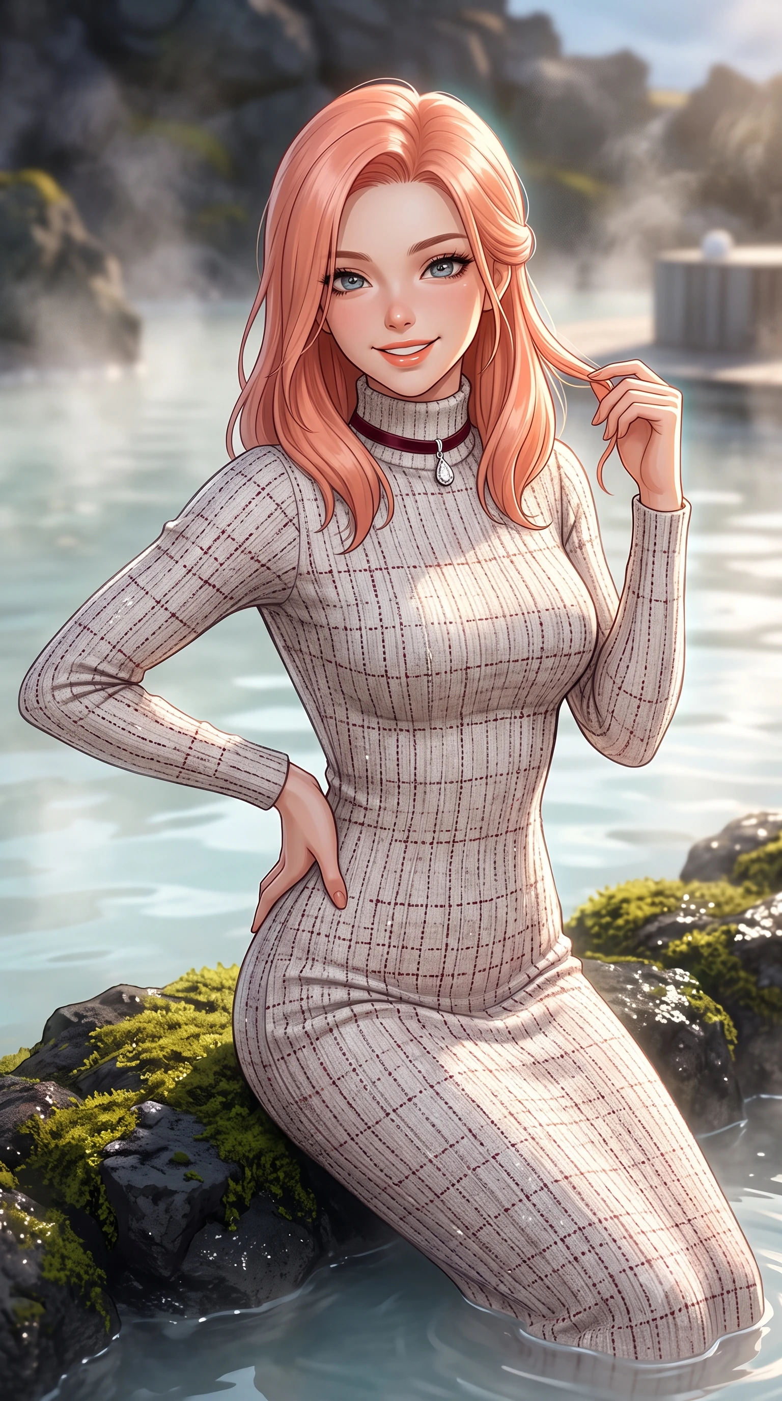 score_9, masterpiece, best quality, ultra-detailed, high-budget anime keyframe, editorial fashion photography, tasteful artistic composition, Japanese woman. close-up cowboy shot from the waist and thighs up, the character dominates the composition, filling the frame with her large presence. twisting her slender torso in an alluring contrapposto stance, one hand resting on her sculpted hip while her fingers toy with her hair with effortless poise while lounging in the warm geothermal water propped on the mossy lava rim with legs extended, her statuesque 8.5-heads silhouette commanding the sanctuary. The background shows a soft-focus rising mineral silica steam softened in ultra-luxury Nordic wellness sanctuary shallow focus. She has an exceptionally elegant, slender, and willowy female figure with an ultra-slim waist, flat toned midriff, narrow ribcage, and sculpted feminine hips creating an alluring, slim hourglass silhouette without bulk. sharp v-shaped jawline, high-bridge nose, intricate jewel-like sparkling eyes with depth, thick eyelashes, glossy parted lips with a natural peach sheen, bright cheerful beaming smile with an enchanting and coquettish sensual glint, exuding both youthful cute charm and seductive allure, flawlessly proportioned anatomical accuracy, strict slender model proportions, natural body alignment, perfectly sculpted long slender limbs, ultra-slim waistline, clean dynamic posture without body distortion. wearing an ultra-sleek Icelandic thermal ribbed knit turtleneck midi dress hugging every contour of her hourglass frame in Belvedere ivory pearl and Habsburg bordeaux wine, woven from structured British tweed with subtle metallic flecks, finished with a thin velvet ribbon choker and a single teardrop diamond pendant, the impeccably tailored cut draping gracefully along her slender figure with aristocratic poise. illuminated by milky water surface specular bounce and sharp platinum-cyan rim lights sculpting her jawline, narrow waist, and curvy hips. ultra-reflective glossy finish, specular highlights, rich textural contrasts, high-contrast stereoscopic depth, volumetric dynamic lighting, 2k, ultra detail, master piece, 9:16 ratio