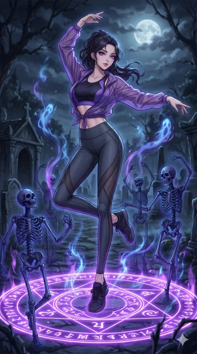 score_9, masterpiece, best quality, ultra-detailed, High-budget Anime Keyframe, beautiful Korean anime girl. Low angle cowboy shot filling the entire 9:16 frame with her statuesque presence. Performing a ritual dance in the center of a magic circle w