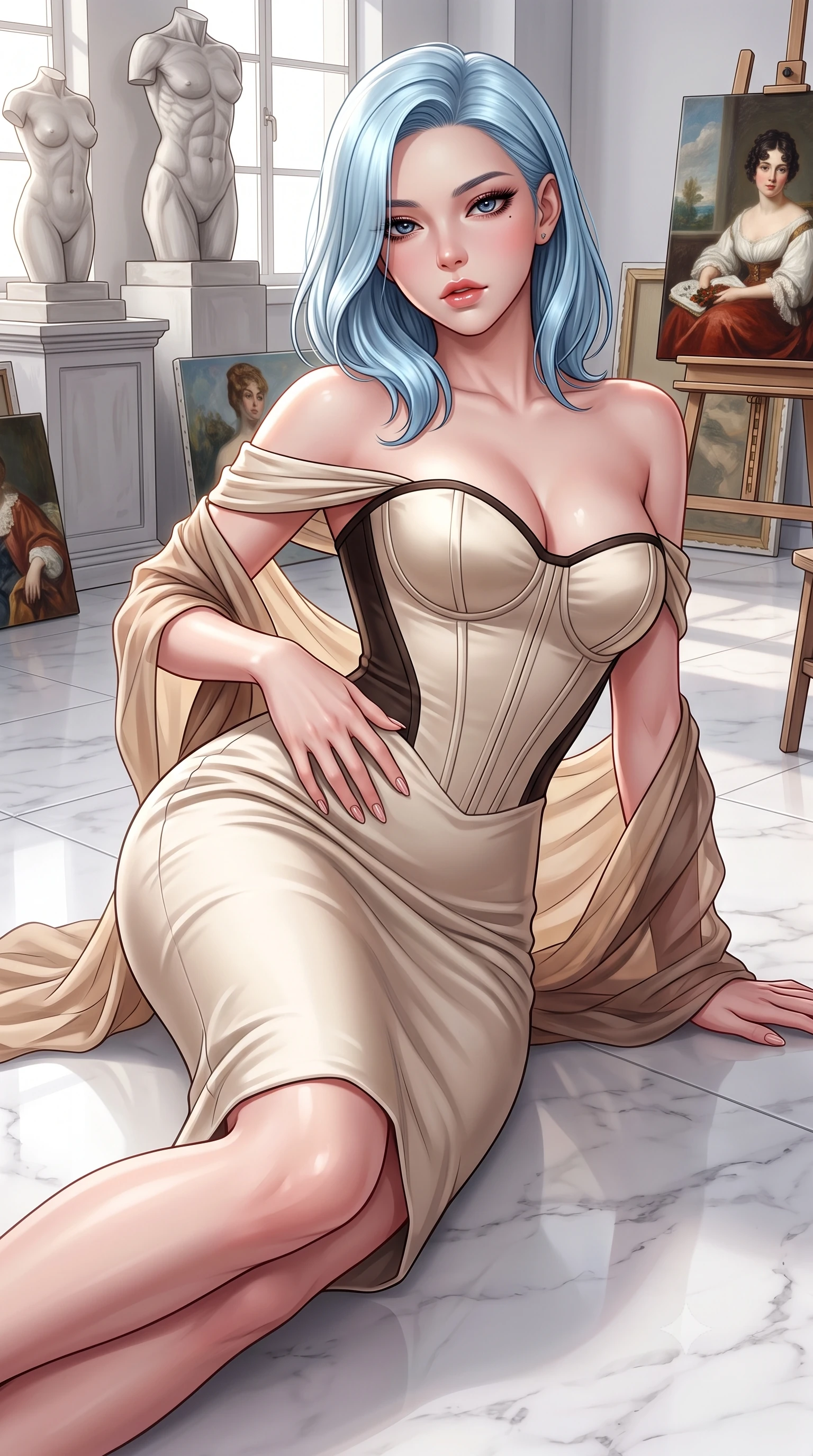 score_9, masterpiece, best quality, ultra-detailed, high-budget anime keyframe, semi-realistic 3D game render, editorial fashion photography, tasteful artistic composition, Korean woman. close-up cowboy shot from the waist and thighs up, the character dominates the composition, filling the frame with her large presence. resting one manicured hand delicately on her hip bone, her upper body turning in a fluid, seductive S-curve while parted lips glisten in the light while lying languidly on the polished marble studio floor, legs extended in an alluring dancer line as north light pours over her form. The surrounding environment is rendered in vivid detail and crisp panoramic clarity. detailed anatomical sculpture contours, oil painting canvases, and natural north window light gradients in high resolution. She has an exceptionally elegant, slender, and willowy female figure with an ultra-slim waist, a gracefully sculpted slender torso, toned flat midriff, and rounded feminine hips creating an alluring hourglass silhouette. sharp v-shaped jawline, high-bridge nose, intricate jewel-like eyes with depth, thick eyelashes, glossy parted lips with a natural sheen, intensely captivating and seductive bedroom-eyes expression, flawlessly proportioned anatomical accuracy, strict slender model proportions, natural body alignment, perfectly sculpted long slender limbs, ultra-slim waistline, clean dynamic posture without body distortion. wearing a statuesque off-shoulder duchess satin atelier dress with a boned corset bodice and bodycon fit in antique parchment beige and dark espresso, made of seamless compression knit with anatomical body-contouring support, complemented by a breezy silk chiffon shawl draped loosely over her elbows, the glove-like aerodynamic silhouette tightly following the natural contour of her hips and long slender legs with statuesque precision. illuminated by crisp sculptural key lighting carving her narrow waist, curved hips, and statuesque limbs. highly saturated vibrant anime colors, detailed shading with soft gradients, rich glossy textures, high-contrast stereoscopic depth, volumetric dynamic lighting, master piece, 9:16 ratio