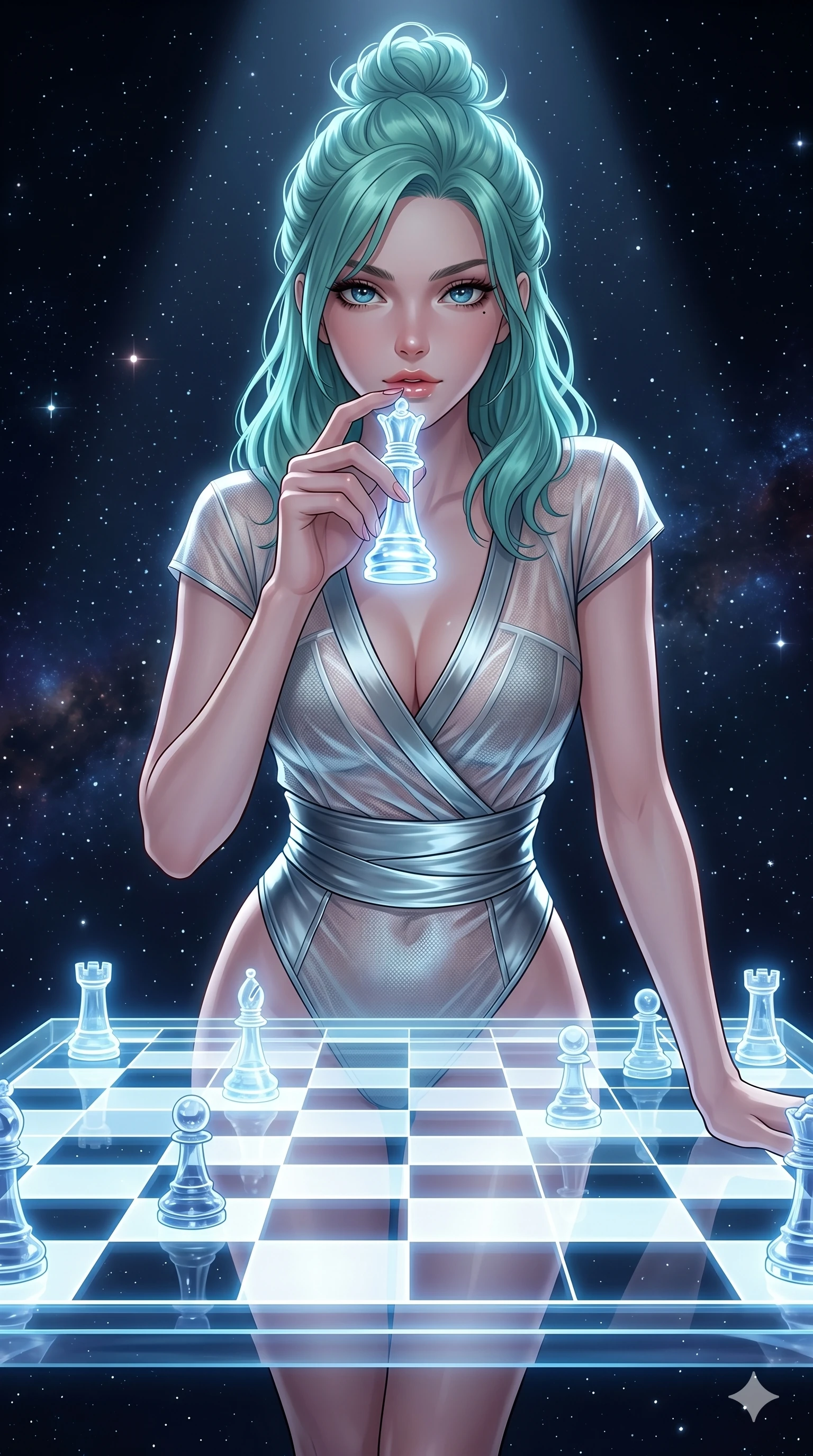 score_9, masterpiece, best quality, ultra-detailed, high-budget anime keyframe, Japanese woman. Upper body close-up from the thighs up, character filling the screen for maximum presence. She is leaning over a giant glowing glass chess board floating in space. She holds a crystal queen piece near her lips, looking at the camera with a teasing, competitive smolder. She has an absolutely perfect 8-heads proportion, an exceptionally tall and slender female figure with impossibly long slender legs and an ultra-slim waist. V-shaped jawline, high-bridge nose, intricate jewel-like eyes with depth, thick eyelashes, glossy lips with a natural sheen. She is wearing a shortened cyber-fusion wrap top with transparent chiffon panels, a deep crossover neckline, and a high-waisted metallic sash that accentuates her ultra-slim waist. The scene is illuminated by the board's white and blue grids and a sharp overhead spotlight. 2k, ultra detail, master piece, 9:16 ratio