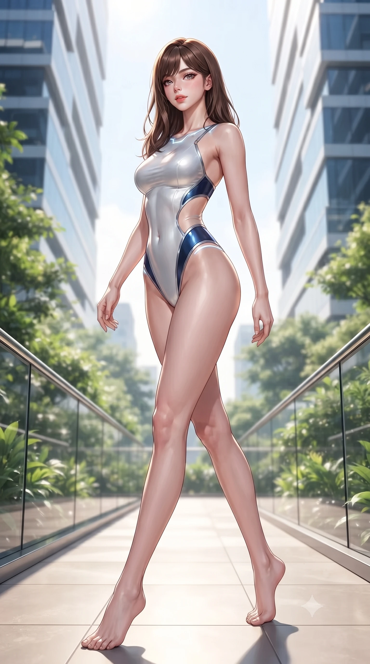 score_9, masterpiece, best quality, ultra-detailed, high-budget anime keyframe, editorial fashion photography, tasteful artistic composition, Korean woman. low angle full-body shot from head to toe showing her feet, filling the entire 9:16 vertical frame with her statuesque presence, stretching her vertical silhouette. pivoting dynamically in mid-motion with a breathtakingly alluring posture, displaying her flawless model proportions and ultra-slim waist while stepping along a verdant sky-garden walkway suspended between twin gleaming architectural towers. The composition keeps background elements in soft focus with creamy bokeh. sunlit sky-garden foliage and modern glass railings softened in clean shallow focus. She has an absolutely perfect, statuesque 8.5-heads proportion, an exceptionally tall and slender model-like female figure with impossibly long slender legs, a toned flat midriff, and an ultra-slim waist. sharp v-shaped jawline, high-bridge nose, intricate jewel-like eyes with depth, thick eyelashes, glossy lips with a natural sheen, flawlessly proportioned anatomical accuracy, strict slender model proportions, natural body alignment, perfectly sculpted long slender limbs, ultra-slim waistline, clean dynamic posture without body distortion. wearing a second-skin white liquid-mercury micro-bodysuit sculpted tightly to her slender build, featuring razor-thin metallic straps and hip cutouts in deep royal navy blue and specular chrome, made of liquid metal jersey that clings flawlessly to every contour of her build, accented with glowing fiber-optic seams tracing her collarbones and hip curves, the sleek second-skin cut tightly hugging her graceful clavicle, narrow waist, and feminine curves with athletic precision. surrounded by an exhilarating, elevated, and radiantly sensual rooftop garden aura. ultra-reflective glossy finish, specular highlights, metallic sheen, high-contrast stereoscopic depth, volumetric dynamic lighting, 2k, ultra detail, master piece, 9:16 ratio