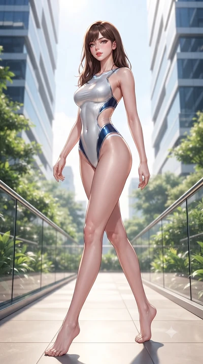 score_9, masterpiece, best quality, ultra-detailed, high-budget anime keyframe, editorial fashion photography, tasteful artistic composition, Korean woman. low angle full-body shot from head to toe showing her feet, filling the entire 9:16 vertical f