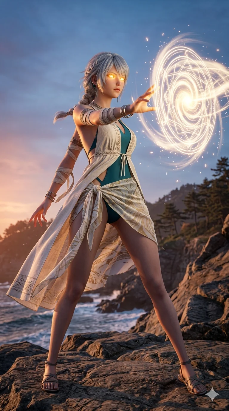 score_9, masterpiece, best quality, ultra-detailed, semi-realistic 3D game render, high-fidelity textures, Unreal Engine 5 style, Japanese anime girl. Low angle cowboy shot capturing a powerful motion and statuesque presence. casting a spell that makes her eyes glow with the light of a sun. She has an absolutely perfect 8-heads proportion, an exceptionally tall and slender female figure with an ultra-slim waist and impossibly long slender legs. strictly human anatomy, two legs only, no extra limbs, clearly defined legs and arms, perfect anatomy, perfect hands and fingers. sharp v-shaped jawline, high-bridge nose, intricate jewel-like eyes, thick eyelashes, glossy lips. Wearing Seasonal/Resort: High-cut one-piece with sarong, linen sundress with tie-back, and sheer fabric wrap. The scene is illuminated by dramatic atmospheric lighting and vibrant color palettes. , 2k, ultra detail, master piece, 9:16 ratio