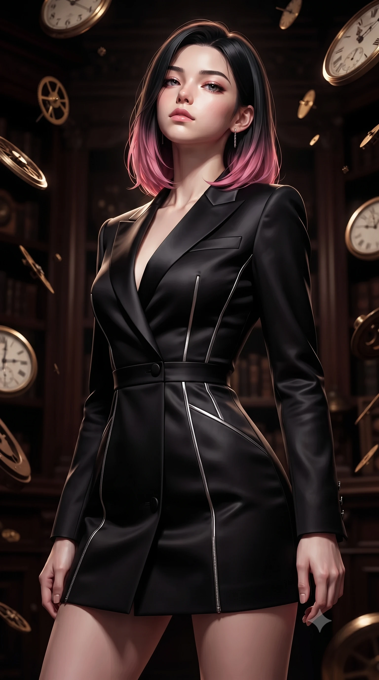 score_9, masterpiece, best quality, ultra-detailed, high-budget anime keyframe, editorial fashion photography, tasteful artistic composition, Korean woman. close-up cowboy shot from the waist and thighs up, the character dominates the composition, filling the frame with her large presence, background elements kept in soft focus. Tilting her chin up slightly with lips parted in a composed, mysterious expression, navigating an antique dark mahogany archives room filled with floating clock parts, dark polished mahogany textures absorbing deep shadow tones. She has an exceptionally elegant, slender, and willowy female figure with an ultra-slim waist, a gracefully sculpted slender torso, and a refined silhouette. sharp v-shaped jawline, high-bridge nose, intricate jewel-like eyes with depth, thick eyelashes, glossy lips with a natural sheen. wearing tailored onyx black tux dress with silk lapels and fitted waist in smoky pitch black, made of soft dark satin, finished with metallic silver boning and sleek zipper points, following her slender form with tailored precision. bathed in warm brass highlights contrasting against pitch-black clockwork shadows. highly saturated vibrant anime colors, detailed shading with soft gradients, rich glossy textures, high-contrast stereoscopic depth, volumetric dynamic lighting, master piece, 9:16 ratio