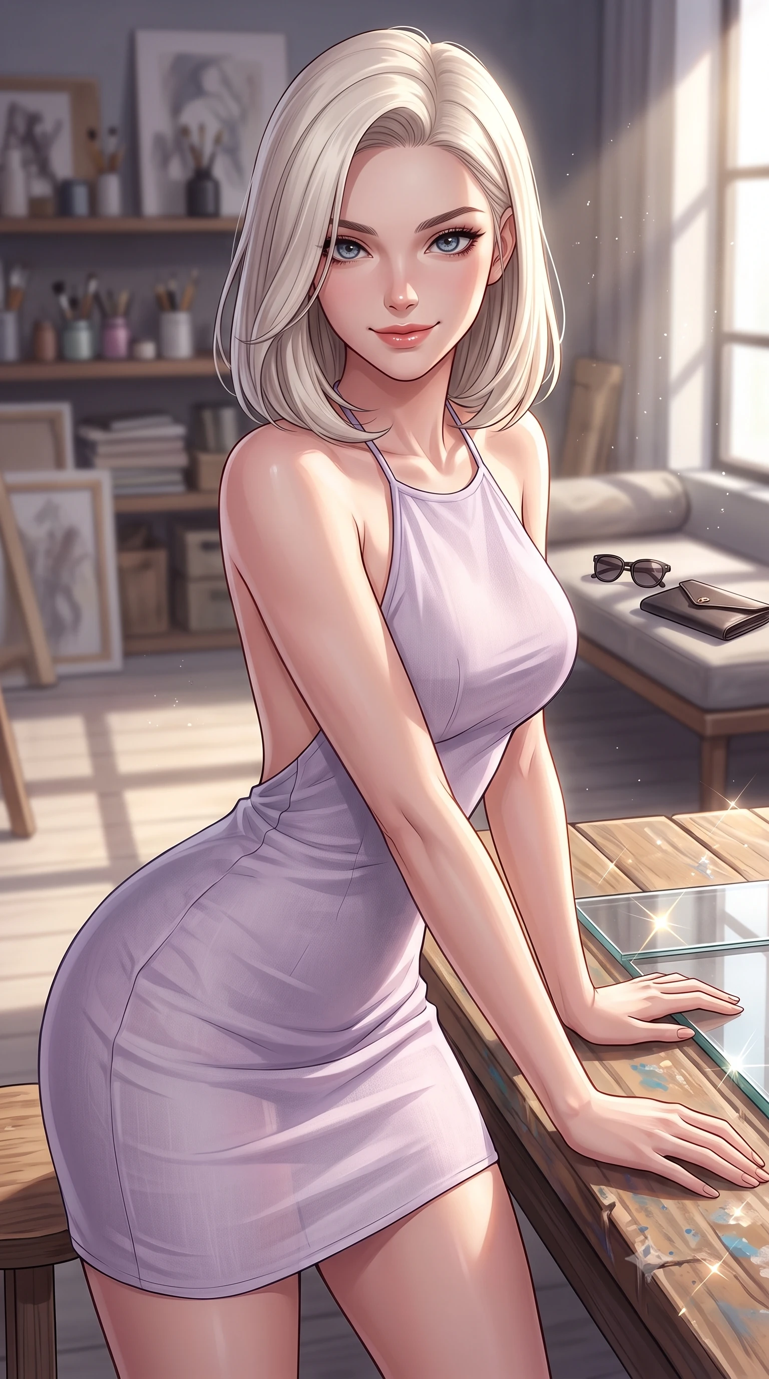 score_9, masterpiece, best quality, ultra-detailed, high-budget anime keyframe, editorial fashion photography, tasteful artistic composition, Caucasian woman. close-up cowboy shot from the waist and thighs up, the character dominates the composition, filling the frame with her large presence, background elements kept in soft focus. leaning slightly forward over the table with a playful, magnetic smile that locks direct eye contact set against a soft-focus background of inside an exclusive art atelier with a pair of designer sunglasses and a sleek leather clutch bag on the lounger. She has an exceptionally elegant, slender, and willowy female figure with an ultra-slim waist, a gracefully sculpted slender torso, and a refined silhouette. sharp v-shaped jawline, high-bridge nose, intricate jewel-like eyes with depth, thick eyelashes, glossy lips with a natural sheen. wearing form-contouring pale lavender semi-opaque chiffon backless linen halter dress featuring delicate straps and a draped open-back design featuring refined tailored seams. lit by crisp morning sun rays creating sparkling glints on polished glass and water. highly saturated vibrant anime colors, detailed shading with soft gradients, rich glossy textures, high-contrast stereoscopic depth, volumetric dynamic lighting, master piece, 9:16 ratio