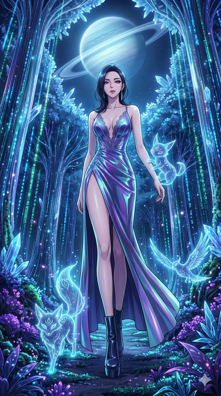 score_9, masterpiece, best quality, ultra-detailed, High-budget Anime Keyframe, vibrant colors, fluid line-art, expressive lighting, cinematic composition, Ufotable-style visual effects, top-tier animation quality, Korean woman with idol-like refined features. Dramatic low angle looking up at her majestic stature, dominating the vertical space of the composition. Walking through a futuristic digital forest where the trees are made of fiber-optics and glowing data streams, interacting with bioluminescent wildlife. She has an absolutely perfect 8-heads proportion, an exceptionally tall and slender female figure with impossibly long slender legs and an ultra-slim waist, her statuesque height and towering silhouette dominating the vertical 9:16 frame. Her face is a masterpiece featuring a sharp v-shaped jawline, high-bridge nose, intricate jewel-like eyes with depth, thick eyelashes, and glossy lips with a natural sheen. She is wearing a Holographic lace evening gown with a dangerously high slit and a plunging neckline crafted from Iridescent vinyl with a futuristic sheen that shifts between violet and cyan, with a dangerous high slit that showcases her impossibly long slender legs. The scene is set in a mysterious alien planet with bioluminescent purple flora and a giant ringed planet in the sky, illuminated by ethereal moonlight filtering through a crystalline canopy, creating soft highlights. 2k, ultra detail, master piece, 9:16 ratio