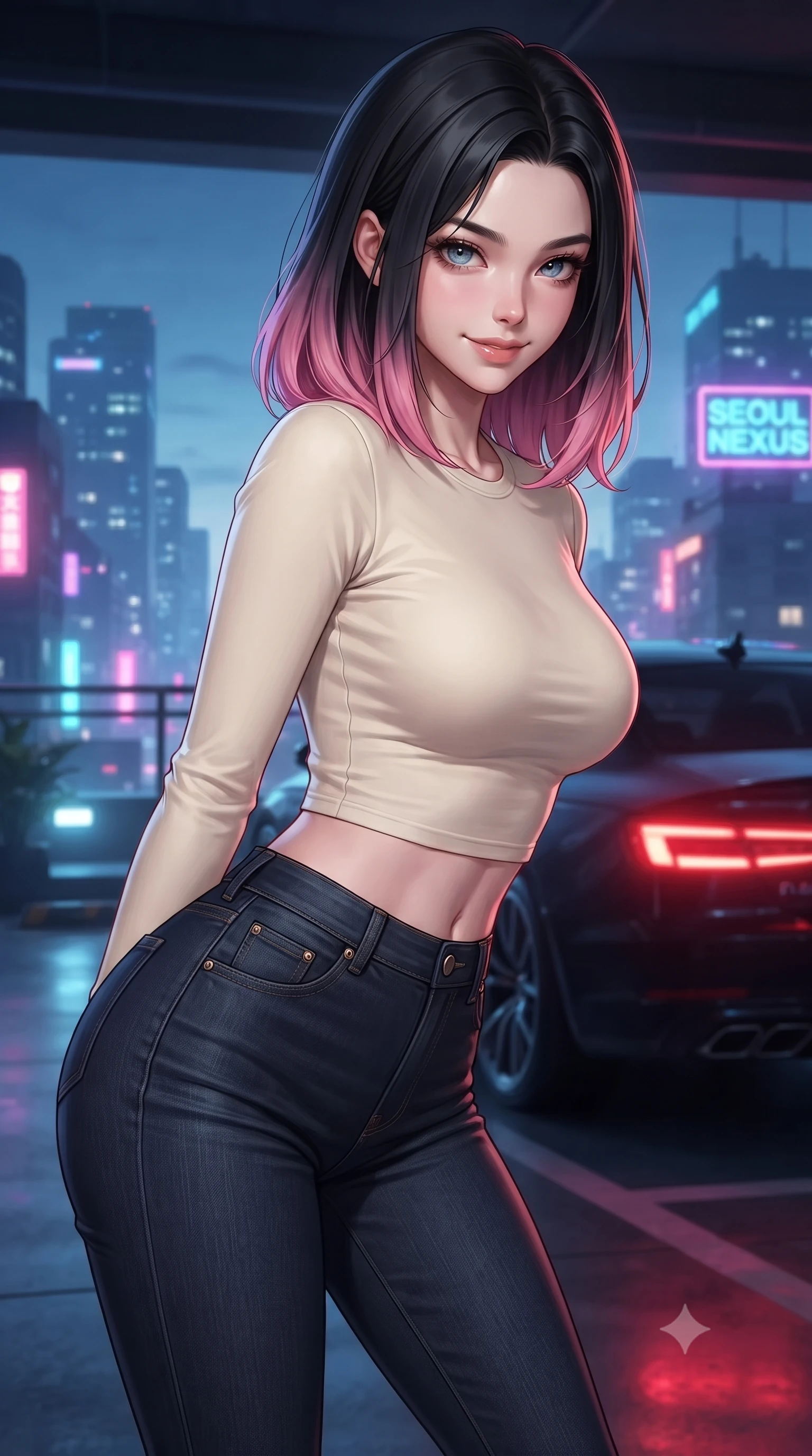score_9, masterpiece, best quality, ultra-detailed, high-budget anime keyframe, editorial fashion photography, tasteful artistic composition, Korean woman. close-up cowboy shot from the waist and thighs up, the character dominates the composition, filling the frame with her large presence, background elements kept in soft focus. leaning slightly forward with a playful, teasing smile, her gaze locked onto the viewer the background shows a soft-focus a high-end garage rooftop overlooking a neon metropolis at twilight. She has an exceptionally elegant, slender, and willowy female figure with an ultra-slim waist, a gracefully sculpted slender torso, and a refined silhouette. sharp v-shaped jawline, high-bridge nose, intricate jewel-like eyes with depth, thick eyelashes, glossy lips with a natural sheen. wearing a slim-fit body-hugging long-sleeve crop top in cream cotton paired with high-waisted skinny jeans. cool blue city twilight key light contrasting with the warm red rear lights of a car. ultra-reflective glossy finish, specular highlights, metallic sheen, high-contrast stereoscopic depth, volumetric dynamic lighting, 2k, ultra detail, master piece, 9:16 ratio