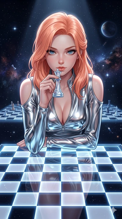 score_9, masterpiece, best quality, ultra-detailed, high-budget anime keyframe, semi-realistic 3D game render, Japanese woman. Upper body close-up from the thighs up, character filling the screen for maximum presence. She is leaning over a giant glow
