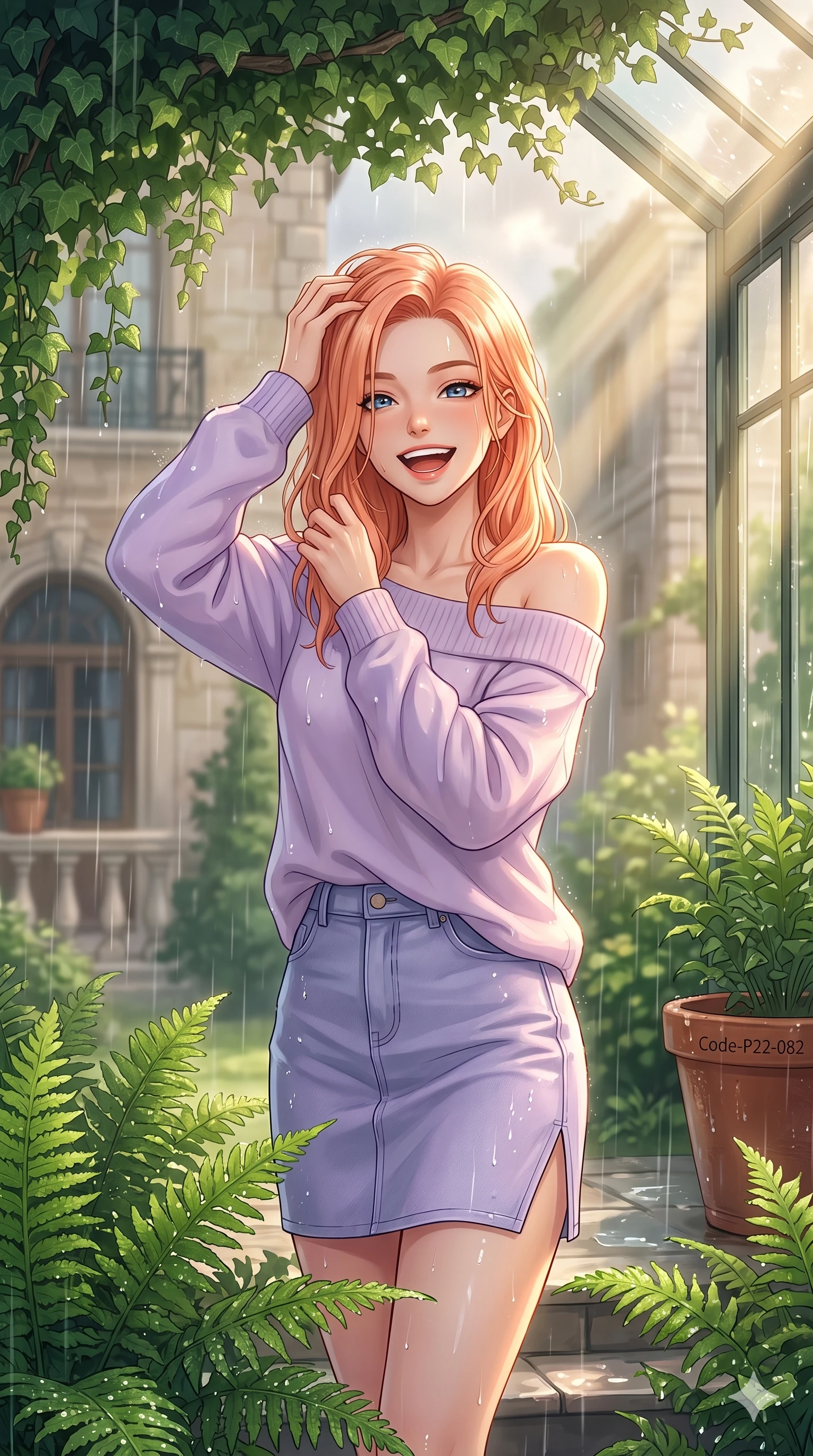 score_9, masterpiece, best quality, ultra-detailed, high-budget anime keyframe, vibrant anime aesthetic, Japanese woman. close-up cowboy shot from the waist and thighs up, the character dominates the composition, filling the frame with her large presence, background elements kept in soft focus. She is laughing happily while running her fingers through her hair in the rain, with her eyes bright and full of life standing amidst vibrant green ferns. on a stone terrace of a classic villa under a leafy ivy canopy, during a warm summer rain shower (Code-P22-082). She has an absolutely perfect proportion, an exceptionally elegant and slender female figure with an ultra-slim waist. V-shaped jawline, high-bridge nose, intricate jewel-like eyes with depth, thick eyelashes, glossy lips with a natural sheen. wearing an off-shoulder oversized sweater paired with a refined side vent denim skirt in pastel lavender. She is bathed in volumetric morning sunbeams piercing through rain clouds, accentuating her slender silhouette inside the glass pavilion. 2k, ultra detail, master piece, 9:16 ratio
