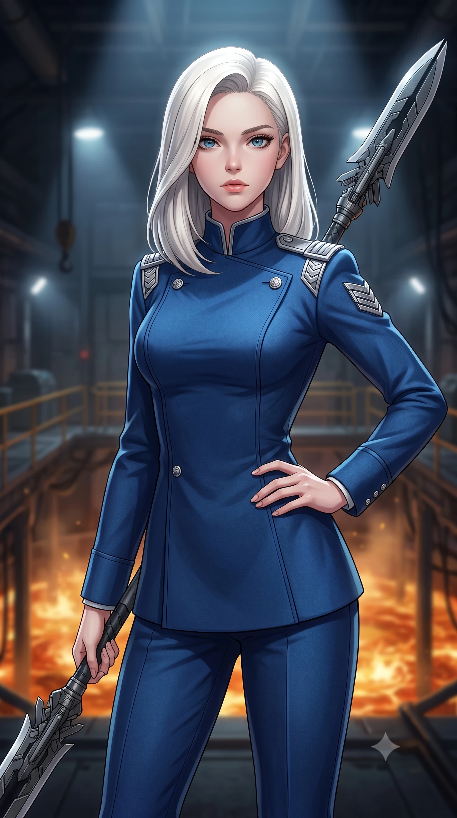 score_9, masterpiece, best quality, ultra-detailed, high-budget anime keyframe, editorial fashion photography, tasteful artistic composition, Caucasian woman. close-up cowboy shot from the waist and thighs up, the character dominates the composition, filling the frame with her large presence, background elements kept in soft focus. holding a deactivated nanotech glaive, looking past the camera with quiet, sharp focus and a composed expression, the background shows a soft-focus an engine assembly catwalk suspended over a boiling oil pool in a bunker. She has an exceptionally elegant, slender, and willowy female figure with an ultra-slim waist, a gracefully sculpted slender torso, and a refined silhouette. sharp v-shaped jawline, high-bridge nose, intricate jewel-like eyes with depth, thick eyelashes, glossy lips with a natural sheen. wearing a tailored modern high-collar space marine dress uniform in deep blue wool, featuring structured silver shoulder ranks. focused halogen spotlights casting sharp, detailed shadows across her build. highly saturated vibrant anime colors, detailed shading with soft gradients, rich glossy textures, high-contrast stereoscopic depth, volumetric dynamic lighting, master piece, 9:16 ratio