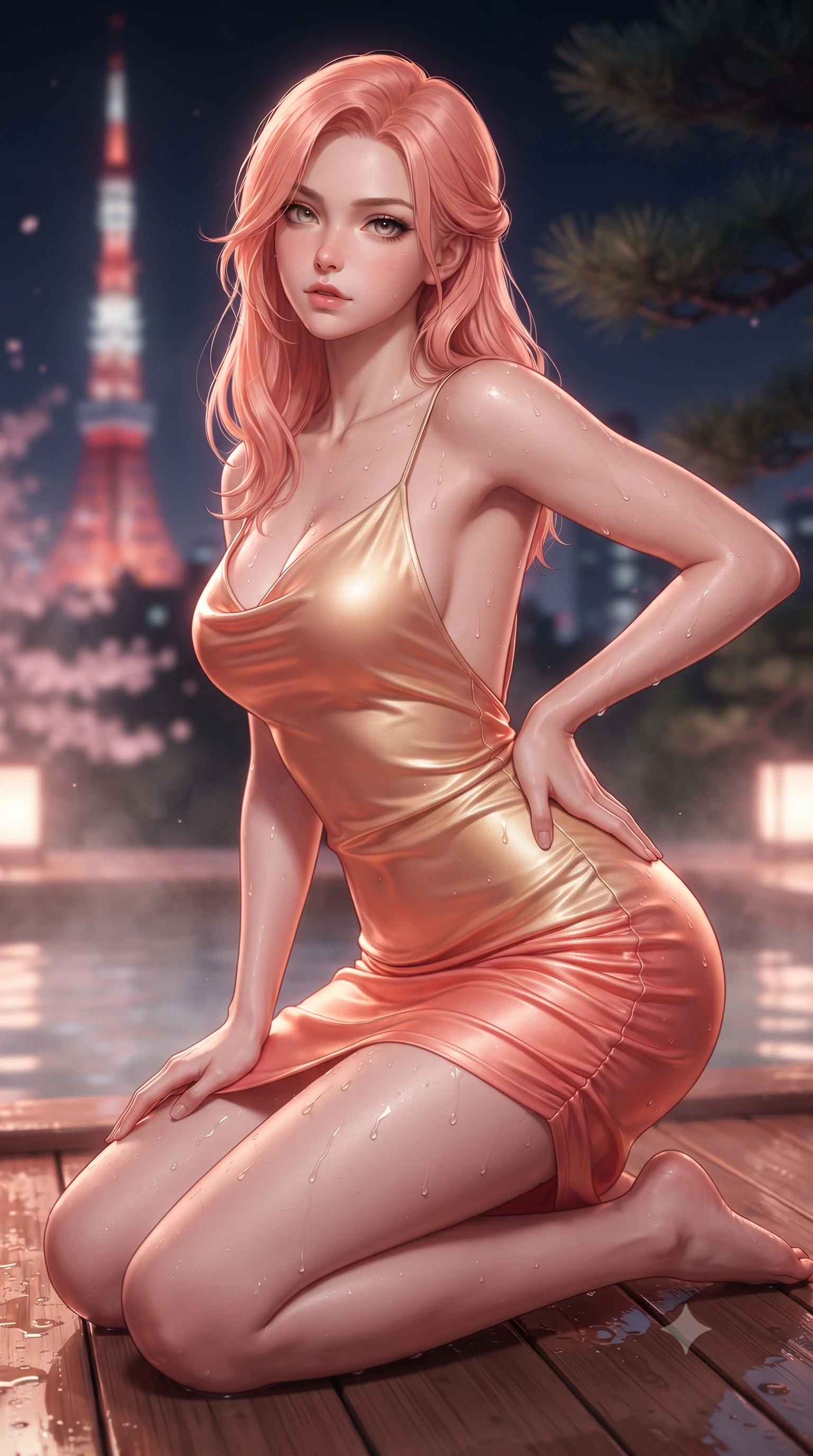 score_9, masterpiece, best quality, ultra-detailed, high-budget anime keyframe, editorial fashion photography, tasteful artistic composition, Japanese woman. close-up cowboy shot from the waist and thighs up, the character dominates the composition, filling the frame with her large presence. leaning back with relaxed seductive grace, her sculpted collarbones and narrow waist highlighted as she casts smoldering bedroom-eyes directly into the camera while kneeling gracefully on the warm wet cedar deck, one hand resting on her bare hip as thermal steam caresses her feminine curves. The composition keeps background elements in soft focus with creamy bokeh. distant Tokyo Tower neon lights and dark pine branches softened in dreamy nocturnal shallow focus. She has an exceptionally elegant, slender, and willowy female figure with an ultra-slim waist, a gracefully sculpted slender torso, toned flat midriff, and rounded feminine hips creating an alluring hourglass silhouette. sharp v-shaped jawline, high-bridge nose, intricate jewel-like eyes with depth, thick eyelashes, glossy parted lips with a natural sheen, intensely captivating and seductive bedroom-eyes expression, flawlessly proportioned anatomical accuracy, strict slender model proportions, natural body alignment, perfectly sculpted long slender limbs, ultra-slim waistline, clean dynamic posture without body distortion. wearing a form-contouring liquid satin slip dress with a deep cowl back and hip-defining ruching in sunrise coral and champagne gold, crafted from supple second-skin lambskin leather with specular wet sheen, accented with water droplets glistening on her bare collarbones and hips, the form-contouring material adhering flawlessly to her sculpted flat midriff and slender torso, emphasizing her long leg lines and perfectly proportioned willowy build. bathed in soft pink cherry blossom ambient glow and warm underwater mineral pool lights. ultra-reflective glossy finish, specular highlights, rich textural contrasts, high-contrast stereoscopic depth, volumetric dynamic lighting, 2k, ultra detail, master piece, 9:16 ratio