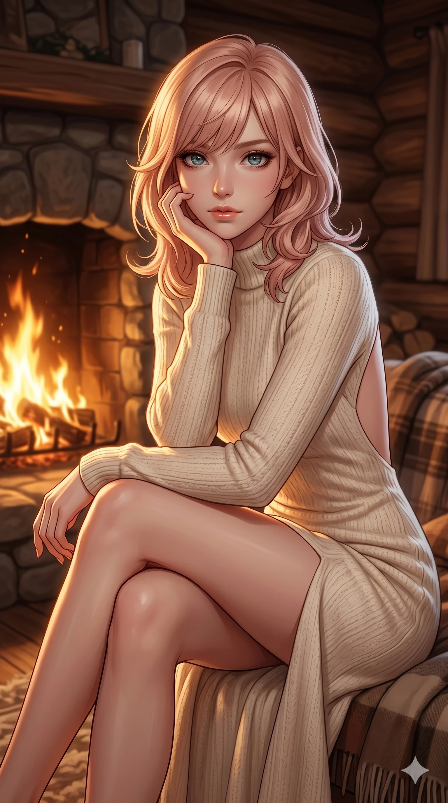 score_9, masterpiece, best quality, ultra-detailed, high-budget anime keyframe, editorial fashion photography, tasteful artistic composition, Japanese woman. cowboy shot from the thighs up, character and outfit filling the frame for maximum editorial presence. sitting close to the hearth, resting her chin on her hand, looking directly into the camera inside a cozy winter cabin with a crackling stone fireplace (Code-P16-035). She has an absolutely perfect 8-heads proportion, an exceptionally tall and slender female figure with impossibly long slender legs and an ultra-slim waist. V-shaped jawline, high-bridge nose, intricate jewel-like eyes with depth, thick eyelashes, glossy lips with a natural sheen. wearing a soft cream-colored knit dress with an open-back design and a high leg slit. warm amber firelight casting dancing shadows and a soft golden glow over her features. 2k, ultra detail, master piece, 9:16 ratio