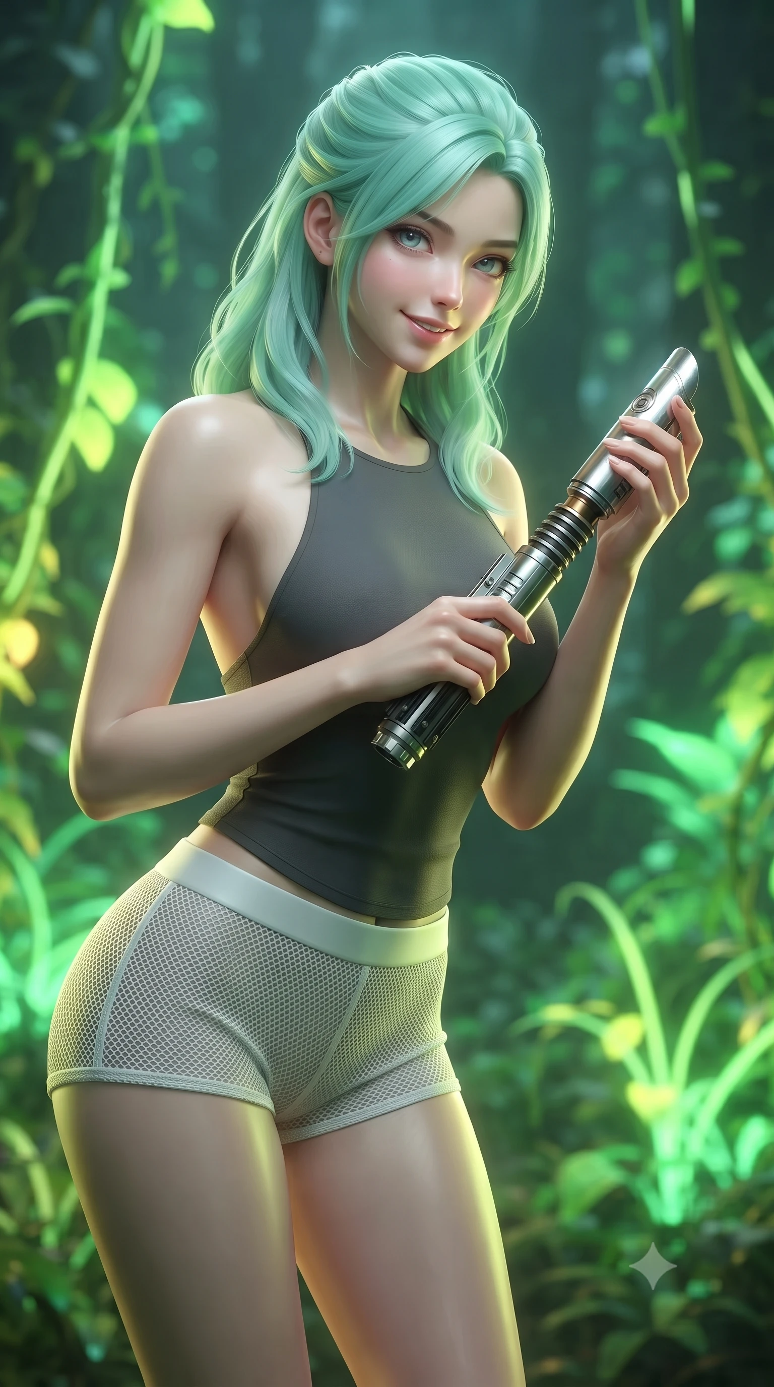 score_9, masterpiece, best quality, ultra-detailed, high-budget anime keyframe, editorial fashion photography, tasteful artistic composition, Japanese woman. close-up cowboy shot from the waist and thighs up, the character dominates the composition, filling the frame with her large presence, background elements kept in soft focus. leaning slightly forward with a playful, teasing smile while holding a deactivated plasma saber hilt, the background shows a soft-focus a holographic forest simulation with glowing neon green plants and vines. She has an exceptionally elegant, slender, and willowy female figure with an ultra-slim waist, a gracefully sculpted slender torso, and a refined silhouette. sharp v-shaped jawline, high-bridge nose, intricate jewel-like eyes with depth, thick eyelashes, glossy lips with a natural sheen. wearing a slim-fit backless combat halter top in charcoal grey, paired with white carbon-mesh micro-shorts. soft green and yellow digital plant light wrapping her form in an organic glow. ultra-reflective glossy finish, specular highlights, metallic sheen, high-contrast stereoscopic depth, volumetric dynamic lighting, 2k, ultra detail, master piece, 9:16 ratio