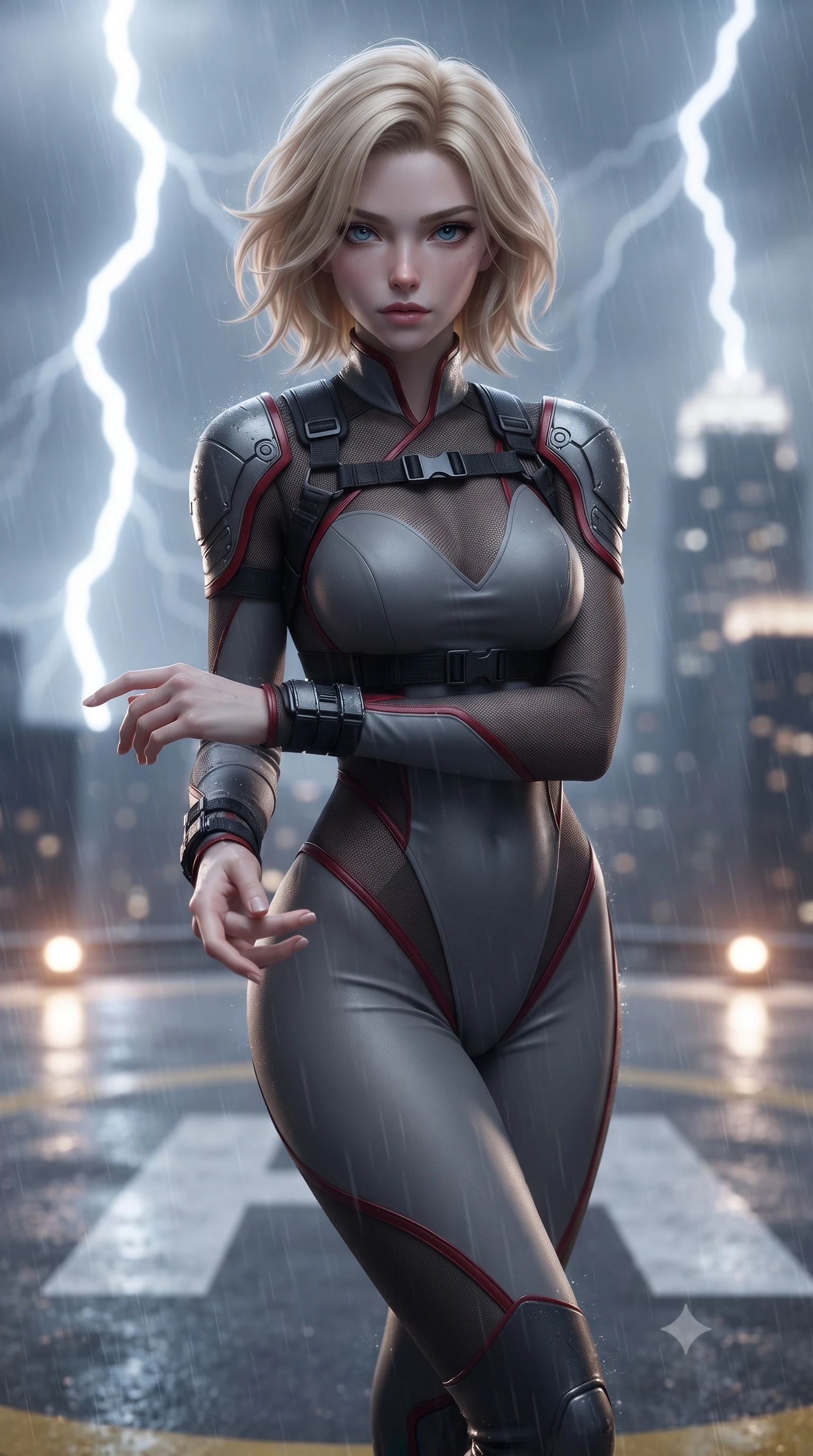 score_9, masterpiece, best quality, ultra-detailed, high-budget anime keyframe, editorial fashion photography, tasteful artistic composition, Caucasian woman. close-up cowboy shot from the waist and thighs up, the character dominates the composition, filling the frame with her large presence. holding her hands loosely in front with regal, aristocratic poise, radiating an overwhelming high-society aura while pivoting dynamically as gale-force storm winds whip rain across the helipad markings, parrying an alarm sensor with poise. The composition keeps background elements in soft focus with creamy bokeh. violent lightning forks and distant glowing skyscraper crowns blurred into charcoal, slate-blue, and electric white bokeh. She has an exceptionally elegant, slender, and willowy female figure with an ultra-slim waist, a gracefully sculpted slender torso, toned flat midriff, and a refined slim silhouette. sharp v-shaped jawline, high-bridge nose, intricate jewel-like eyes with depth, thick eyelashes, glossy lips with a natural sheen, captivating and magnetic expression, flawlessly proportioned anatomical accuracy, strict slender model proportions, natural body alignment, perfectly sculpted long slender limbs, ultra-slim waistline, clean dynamic posture without body distortion. wearing a sharp asymmetrical spy bodysuit with sheer contouring mesh panels, reinforced strike shoulders, and utility waist harness in storm grey and dark scarlet trim, made of high-mobility liquid jersey and semi-opaque reinforced mesh, accented with concealed lockpick wristbands and polished dark chrome hardware edition #13, the breezy yet form-flattering drape swaying gracefully with her steps, accentuating her long willowy limbs and slim waistline. bathed in blinding white storm lightning flash backlighting and warm amber perimeter beacon fill. ultra-reflective glossy finish, specular highlights, rich textural contrasts, high-contrast stereoscopic depth, volumetric dynamic lighting, 2k, ultra detail, master piece, 9:16 ratio