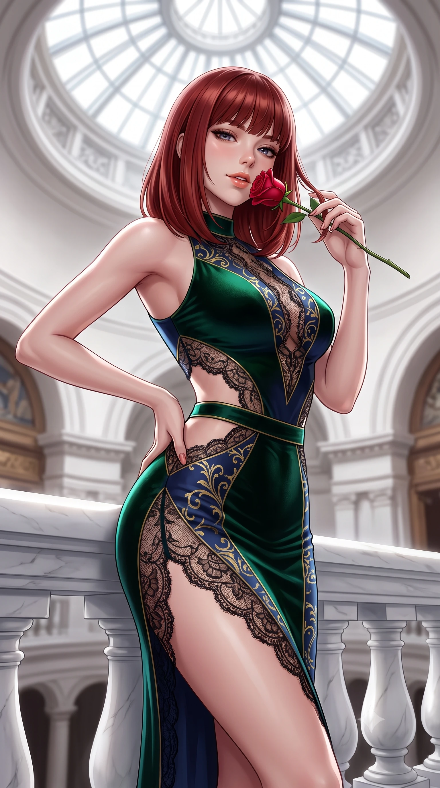 score_9, masterpiece, best quality, ultra-detailed, high-budget anime keyframe, semi-realistic 3D game render, editorial fashion photography, tasteful artistic composition, Caucasian woman. close-up cowboy shot from the waist and thighs up, the character dominates the composition, filling the frame with her large presence. twisting her slender torso in an alluring contrapposto stance, one hand resting on her sculpted hip while her fingers toy with her hair with effortless poise while leaning against the smooth white balustrade with hips cocked back, looking down into the rotunda with an alluring bedroom-smile. The background shows a soft-focus soaring skylight dome softened in iconic architectural shallow focus. She has an exceptionally elegant, slender, and willowy female figure with an ultra-slim waist, flat toned midriff, narrow ribcage, and sculpted feminine hips creating an alluring, slim hourglass silhouette without bulk. sharp v-shaped jawline, high-bridge nose, sparkling eyes with hypnotic seductive depth, thick curled eyelashes, glossy parted lips with a natural dewy peach sheen, alluring bedroom-eyes with an enchanting coquettish smile, exuding magnetic siren charisma and sophisticated glamour, flawlessly proportioned anatomical accuracy, strict slender model proportions, natural body alignment, perfectly sculpted long slender limbs, ultra-slim waistline, clean dynamic posture without body distortion. wearing a sculptural liquid jersey column dress with a dramatic hip-high side slit and asymmetrical cutout waist darts in deep emerald velvet and dark sapphire with gold filigree, made of delicate semi-sheer French Chantilly lace with intricate eyelash edges, accented with a single fresh-cut long-stemmed crimson rose held delicately near her parted lips, the liquid-tight tailored fabric clinging flawlessly to her narrow waist and rounded feminine hips, emphasizing every millimeter of her sculpted slim hourglass curves without any bulky heaviness. illuminated by curved white wall bounce and sharp platinum-white rim lights defining her delicate clavicles, ultra-slim waist, and curvy hips. highly saturated vibrant anime colors, detailed shading with soft gradients, rich glossy textures, high-contrast stereoscopic depth, volumetric dynamic lighting, master piece, 9:16 ratio