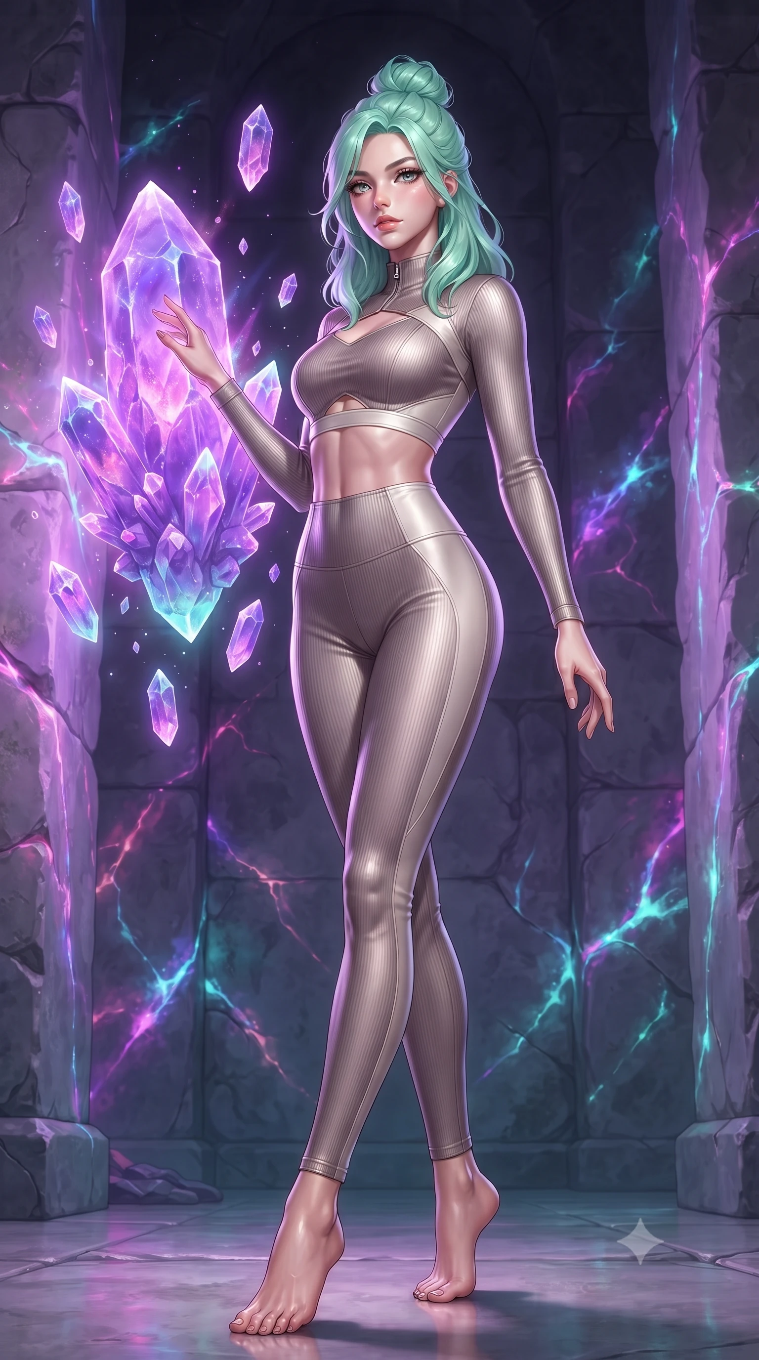 score_9, masterpiece, best quality, ultra-detailed, high-budget anime keyframe, editorial fashion photography, tasteful artistic composition, Japanese woman. low angle full-body shot from head to toe showing her feet, filling the entire 9:16 vertical frame with her statuesque presence, stretching her vertical silhouette. interacting gracefully with the magical floating elements while maintaining a confident posture touching a giant floating violet crystal cluster emitting pulsing energy, bioluminescent opal veins pulsing softly in the surrounding stone walls. She has an absolutely perfect, statuesque 8.5-heads proportion, an exceptionally tall and slender model-like female figure with impossibly long slender legs and an ultra-slim waist. sharp v-shaped jawline, high-bridge nose, intricate jewel-like eyes with depth, thick eyelashes, glossy lips with a natural sheen. wearing a form-fitting ribbed activewear set with collar cutouts in muted taupe and soft ivory, crafted from smooth liquid silk, featuring subtle geometric cutouts that highlight her ultra-slim midriff, the tailored fabric tightly following every curve of her athletic build. illuminated by radiant purple, magenta, and cyan crystal inner glow. ultra-reflective glossy finish, specular highlights, metallic sheen, high-contrast stereoscopic depth, volumetric dynamic lighting, 2k, ultra detail, master piece, 9:16 ratio