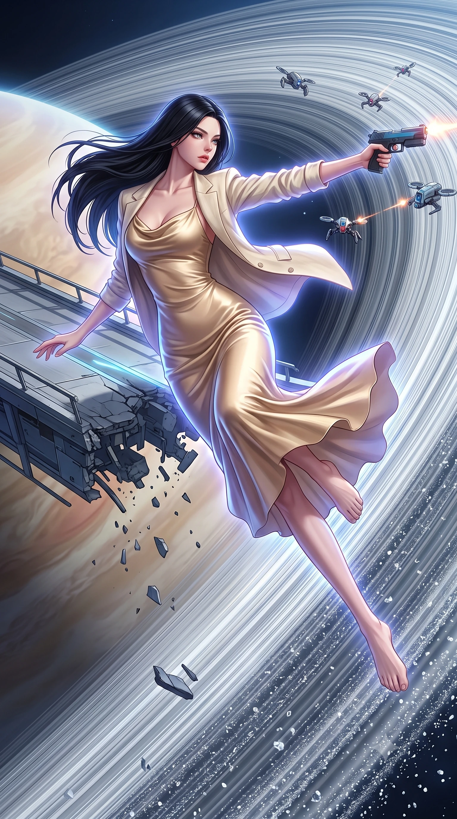 score_9, masterpiece, best quality, ultra-detailed, high-budget anime keyframe, editorial fashion photography, tasteful artistic composition, Korean woman. low angle full-body shot from head to toe showing her feet, filling the entire 9:16 vertical frame with her statuesque presence, stretching her vertical silhouette. leaping dynamically off a collapsing sky-bridge while firing back at security drones through crossing the planetary rings of a giant planet, millions of small ice particles reflecting the distant sun like a silver road. She has a statuesque 8.5-heads proportion, an exceptionally tall, slender and willowy model-like build with impossibly long legs and a highly sculpted ultra-slim waist. sharp v-shaped jawline, high-bridge nose, intricate jewel-like eyes with depth, thick eyelashes, glossy lips with a natural sheen. wearing the lightweight fabric rippling and billowing dramatically with her movement, a slim-fit champagne gold cowl-neck satin slip dress that drapes and clings to her slender figure, layered with a cream linen blazer. highly saturated vibrant anime colors, intense vivid color palette, soft 3D volumetric shading, volumetric dynamic lighting, cool ethereal blue-violet bioluminescent glow wrapping around her from all sides. 2k, ultra detail, master piece, 9:16 ratio
