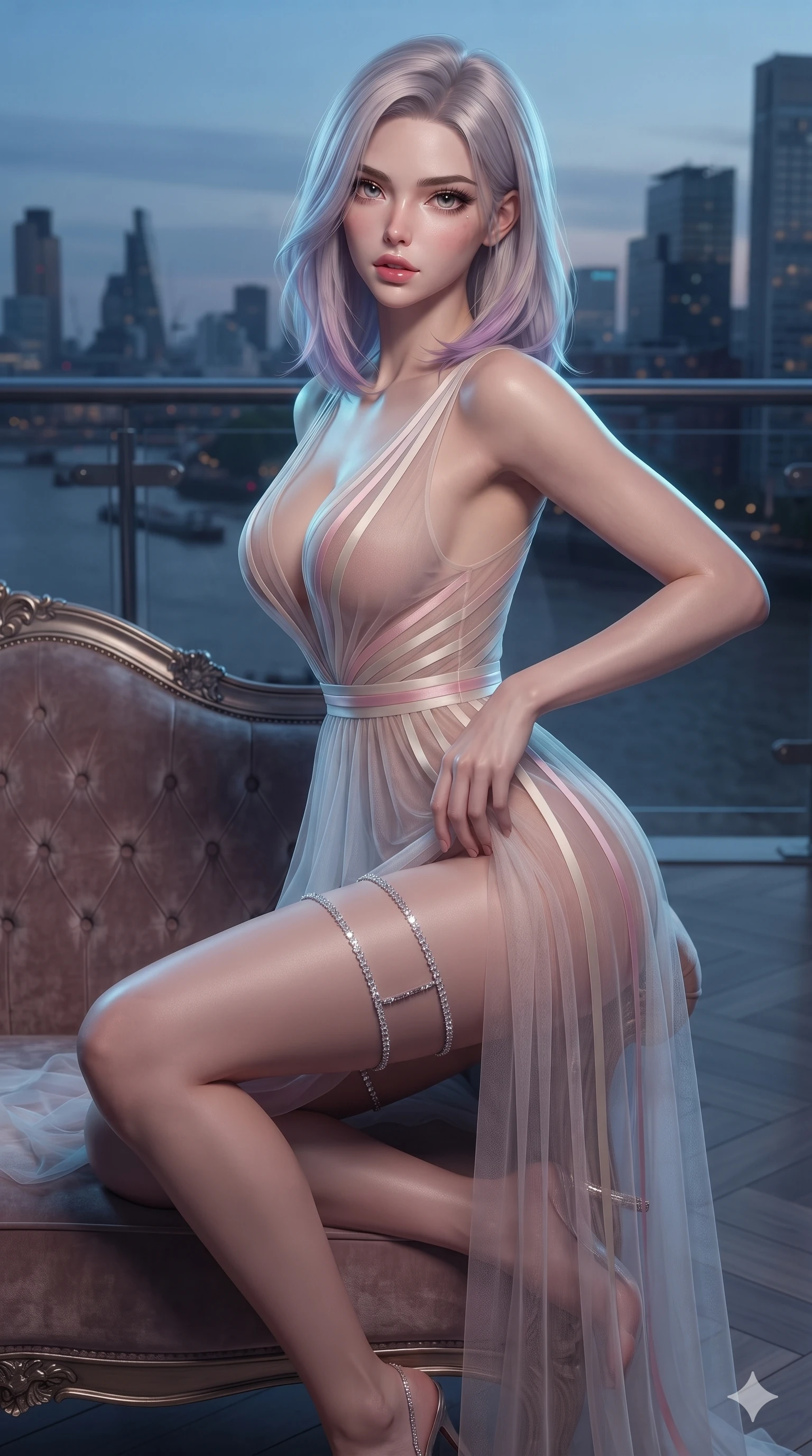 score_9, masterpiece, best quality, ultra-detailed, high-budget anime keyframe, editorial fashion photography, tasteful artistic composition, Caucasian woman. close-up cowboy shot from the waist and thighs up, the character dominates the composition, filling the frame with her large presence. perched sideways on the vintage settee, one knee drawn up to showcase her slender leg line while her arched back accentuates her feminine hip curve while arching her spine backward with effortless dancer poise, one hand sliding along her hip line as directional light carves specular highlights along her silhouette. The surrounding environment is rendered in vivid detail and crisp panoramic clarity: sharp parquet floor reflection speculars, sleek tempered-glass balustrade clamps, and crisp river skyline architecture in deep focus. She has an exceptionally elegant, slender, and willowy female figure with an ultra-slim waist, flat toned midriff, narrow ribcage, and sculpted feminine hips creating an alluring, slim hourglass silhouette without bulk. sharp v-shaped jawline, high-bridge nose, intricate jewel-like sparkling eyes with depth, thick eyelashes, glossy parted lips with a natural sheen, intensely captivating and seductive bedroom-eyes expression, exuding both youthful cute charm and sovereign luxury allure, flawlessly proportioned anatomical accuracy, strict slender model proportions, natural body alignment, perfectly sculpted long slender limbs, ultra-slim waistline, clean dynamic posture without body distortion. wearing a plunge-front sheer illusion tulle slip dress with liquid platinum ribbon stripes hugging her curves in sakura blossom pink and warm ivory, made of sheer gossamer chiffon that drapes softly against skin with airy translucence, finished with delicate crystal-encrusted thigh garter straps glinting in the dim light, the liquid-tight tailored fabric clinging flawlessly to her narrow waist and rounded feminine hips, emphasizing every millimeter of her sculpted slim hourglass curves without any bulky heaviness. illuminated by terrace parquet bounce and sharp neon-cyan rim lights sculpting her razor-sharp jawline, narrow waist, and curvy hips. ultra-reflective glossy finish, specular highlights, rich textural contrasts, high-contrast stereoscopic depth, volumetric dynamic lighting, 2k, ultra detail, master piece, 9:16 ratio