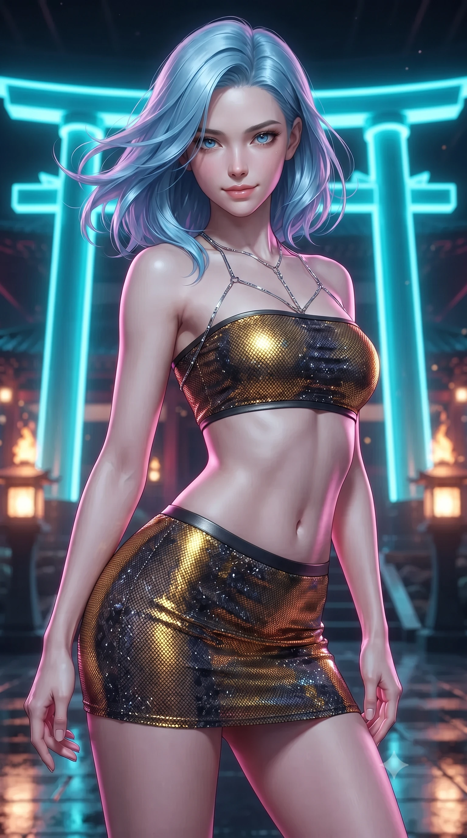 score_9, masterpiece, best quality, ultra-detailed, high-budget anime keyframe, editorial fashion photography, tasteful artistic composition, Korean woman. close-up cowboy shot from the waist and thighs up, the character dominates the composition, filling the frame with her large presence. turning slowly with an enchanting smoldering smile, her glossy hair tossing in the breeze as her hips angle gracefully in a captivating contrapposto while twisting her slender torso in an alluring S-curve between glowing ritual energy conduits, ambient magenta reflections tracing her flat midriff and hourglass curves. The surrounding environment is rendered in vivid detail and crisp panoramic clarity: detailed outfit drape, high-gloss patent sheen, and sacred futuristic temple architecture in high resolution. She has an exceptionally elegant, slender, and willowy female figure with an ultra-slim waist, flat toned midriff, narrow ribcage, and sculpted feminine hips creating an alluring, slim hourglass silhouette without bulk. sharp v-shaped jawline, high-bridge nose, intricate jewel-like sparkling eyes with depth, thick eyelashes, glossy parted lips with a natural peach sheen, bright cheerful beaming smile with an enchanting and coquettish sensual glint, exuding both youthful cute charm and seductive allure, flawlessly proportioned anatomical accuracy, strict slender model proportions, natural body alignment, perfectly sculpted long slender limbs, ultra-slim waistline, clean dynamic posture without body distortion. wearing an ultra-cropped tech-wear bandeau top paired with a micro mini skirt revealing her flat toned midriff in solar-flare gold and interstellar onyx, crafted from stretch micro-mesh with liquid foil coating that shimmers with every movement, accented with a chrome-drop body harness subtly framing her dewy collarbones and spine, the second-skin tailored fabric adhering flawlessly to her sculpted flat midriff and slender torso, emphasizing her long leg lines and perfectly proportioned willowy build. bathed in pulsing electric-cyan Torii neon combined with warm 2400K sacred oil lantern flames. ultra-reflective glossy finish, specular highlights, rich textural contrasts, high-contrast stereoscopic depth, volumetric dynamic lighting, 2k, ultra detail, master piece, 9:16 ratio