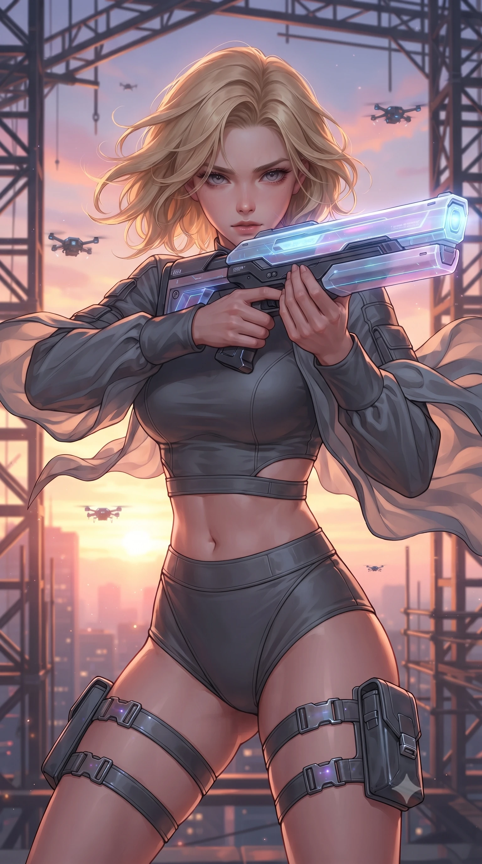 score_9, masterpiece, best quality, ultra-detailed, high-budget anime keyframe, editorial fashion photography, tasteful artistic composition, realistic cosplay photography, Caucasian woman, strictly human ears. close-up cowboy shot from the waist and thighs up, the character dominates the composition, filling the frame with her large presence, background elements kept in soft focus. Aiming a sleek holographic railgun with intense focused gaze and wind-blown hair. set against a soft-focus background of the open edge of a skyscraper construction site, hover-drones flying between metal girders against a bright sunset skyline. She has an exceptionally elegant and slender, willowy female figure with an ultra-slim waist, a gracefully sculpted slender torso, and a refined slim physique. sharp v-shaped jawline, high-bridge nose, intricate jewel-like eyes with depth, thick eyelashes, glossy lips with a natural sheen. wearing the lightweight fabric rippling and billowing dramatically with her movement, a form-contouring cyber-tactical crop top in dark grey with a subtle waist cutout, paired with matching high-cut shorts and thigh straps. soft glowing ambient light with sharp side key light tracing the sleek contours of her figure. ultra-reflective glossy finish, specular highlights, metallic sheen, high-contrast stereoscopic depth, volumetric dynamic lighting, 2k, ultra detail, master piece, 9:16 ratio