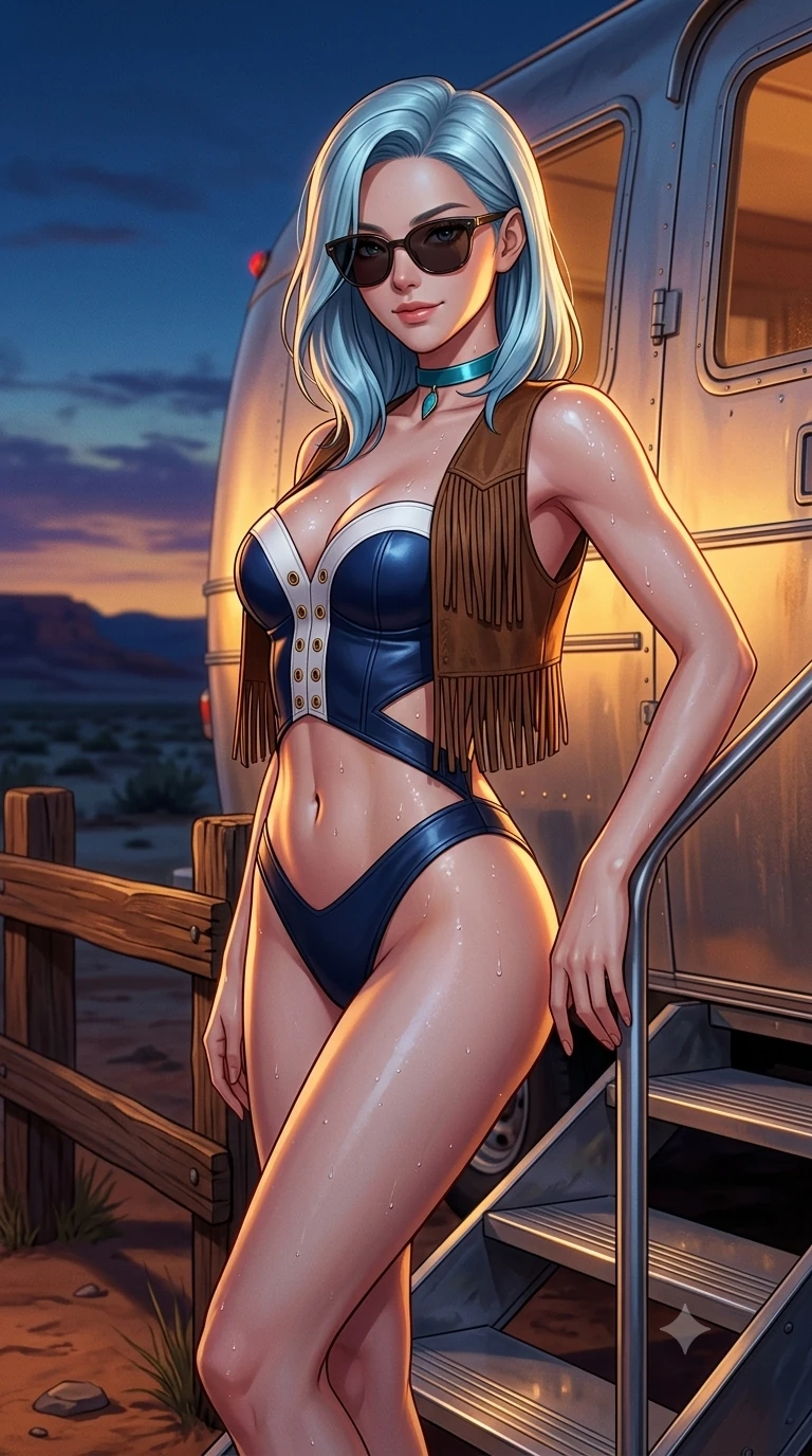 score_9, masterpiece, best quality, ultra-detailed, high-budget anime keyframe, semi-realistic 3D game render, editorial fashion photography, tasteful artistic composition, Korean woman. close-up cowboy shot from the waist and thighs up, the character dominates the composition, filling the frame with her large presence. leaning against the timber guardrail with hips cocked back, looking through dark sunglasses with an alluring, confident half-smile while standing poised on the polished aluminum trailer steps, arching her lower back with sovereign supermodel grace while gazing out at the twilight desert. The surrounding environment is rendered in vivid detail and crisp panoramic clarity: detailed fringe suede vest texture, turquoise choker gleam, and vintage camping aesthetics in razor-sharp precision. She has an exceptionally elegant, slender, and willowy female figure with an ultra-slim waist, flat toned midriff, narrow ribcage, and sculpted feminine hips creating an alluring, slim hourglass silhouette without bulk. sharp v-shaped jawline, high-bridge nose, sparkling eyes with hypnotic seductive depth, thick curled eyelashes, glossy parted lips with a natural dewy peach sheen, alluring bedroom-eyes with an enchanting coquettish smile, exuding magnetic siren charisma and sophisticated glamour, flawlessly proportioned anatomical accuracy, strict slender model proportions, natural body alignment, perfectly sculpted long slender limbs, ultra-slim waistline, clean dynamic posture without body distortion. wearing a plunging sweetheart neckline leatherette bustier with side-waist diamond cutouts contouring her ribcage in French Riviera navy and optic white with gold grommets, tailored from second-skin technical compression neoprene with athletic curve-sculpting stretch, finished with glistening drops of seawater beading across her sculpted shoulders and flat midriff, the bespoke structured tailoring following the natural line of her 8.5-heads silhouette with refined elegance. illuminated by aluminum trailer reflection bounce and sharp amber-gold rim lighting sculpting her jawline, flat midriff, and voluptuous hip curves. highly saturated vibrant anime colors, detailed shading with soft gradients, rich glossy textures, high-contrast stereoscopic depth, volumetric dynamic lighting, master piece, 9:16 ratio