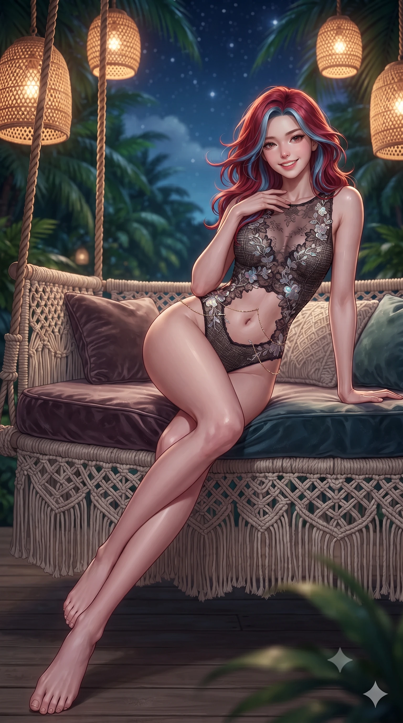 score_9, masterpiece, best quality, ultra-detailed, high-budget anime keyframe, editorial fashion photography, tasteful artistic composition, Caucasian woman. low angle full-body shot from head to toe showing her feet, filling the entire 9:16 vertical frame with her statuesque presence, stretching her vertical silhouette. lounging on the lavish daybed with legs crossed and hips angled toward the camera, displaying her toned midriff and long slender limbs with effortless siren poise while lounging in the hanging macramé daybed propped on one elbow with legs crossed, running one manicured hand slowly down her collarbone with magnetic allure. The background shows a soft-focus endless sea of emerald jungle palm fronds, starry Caribbean sky, and distant turquoise ocean breakers blurred into jade, cobalt, and amber bokeh. She has an exceptionally tall and slender model-like 8.5-heads proportion, an ultra-slim waist, a flat toned midriff, narrow delicate ribcage, and beautifully sculpted feminine hips creating a graceful, slim hourglass silhouette without any bulky heaviness, with impossibly long slender legs. sharp v-shaped jawline, high-bridge nose, intricate jewel-like sparkling eyes with depth, thick eyelashes, glossy parted lips with a natural peach sheen, bright cheerful beaming smile with an enchanting and coquettish sensual glint, exuding both youthful cute charm and seductive allure, flawlessly proportioned anatomical accuracy, strict slender model proportions, natural body alignment, perfectly sculpted long slender limbs, ultra-slim waistline, clean dynamic posture without body distortion. wearing an alluring backless sheer lace leotard with high-cut leg openings and delicate floral embroidery framing her spine in iridescent mother-of-pearl and liquid molten silver, woven from structured British tweed with subtle metallic flecks, accented with a dainty gold belly chain resting across her flat midriff and curving hips, the glove-like clinging cut tightly following the natural contour of her hips and long slender legs with youthful 8.5-heads elegance. bathed in the warm radiant 2400K illumination of hanging woven rattan lanterns mixed with cool Caribbean moonlight. ultra-reflective glossy finish, specular highlights, rich textural contrasts, high-contrast stereoscopic depth, volumetric dynamic lighting, 2k, ultra detail, master piece, 9:16 ratio