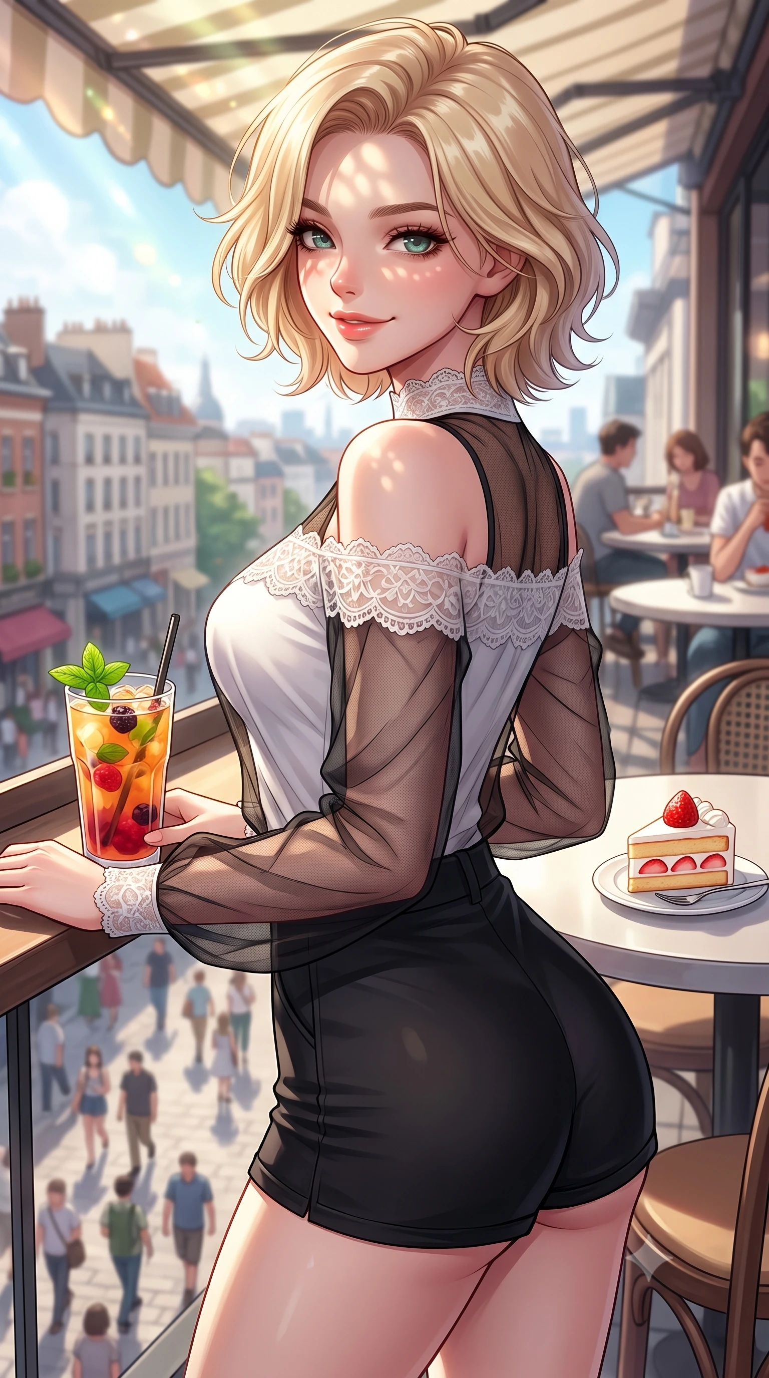 score_9, masterpiece, best quality, ultra-detailed, high-budget anime keyframe, editorial fashion photography, tasteful artistic composition, Caucasian woman. close-up cowboy shot from the waist and thighs up, the character dominates the composition, filling the frame with her large presence, background elements kept in soft focus. smiling with a playful and cute half-smile, glancing sidelong over her shoulder set against a soft-focus background of on a rooftop cafe terrace overlooking a busy pedestrian street below with a glass of iced fruit tea and a slice of strawberry shortcake nearby. She has an exceptionally elegant, slender, and willowy female figure with an ultra-slim waist, a gracefully sculpted slender torso, and a refined silhouette. sharp v-shaped jawline, high-bridge nose, intricate jewel-like eyes with depth, thick eyelashes, glossy lips with a natural sheen. wearing tailored delicate lace-trim off-shoulder blouse paired with a sheer mesh overlay and form-contouring mini shorts. dappled sunlight filtering through the outdoor awning onto her face. highly saturated vibrant anime colors, detailed shading with soft gradients, rich glossy textures, high-contrast stereoscopic depth, volumetric dynamic lighting, master piece, 9:16 ratio