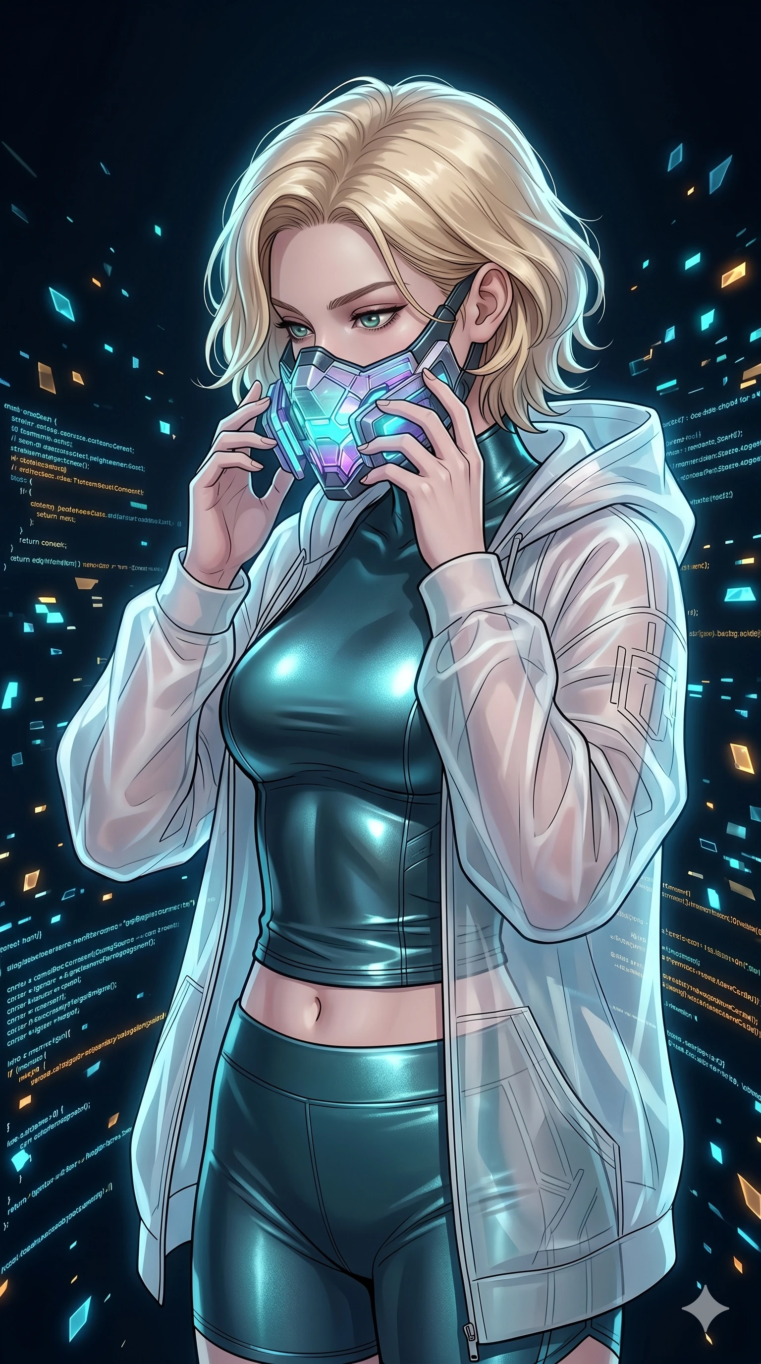 score_9, masterpiece, best quality, ultra-detailed, high-budget anime movie keyframe, cinematic anime lighting, intricate line art, Caucasian (strictly human ears) woman. Medium shot of upper body capturing the intricate details of her high-fashion attire. adjusting a glowing mask in a minimalist digital void surrounded by floating data-shards. She has an absolutely perfect 8-heads proportion, an exceptionally tall and slender female figure with an ultra-slim waist and impossibly long slender legs. sharp v-shaped jawline, high-bridge nose, intricate jewel-like eyes, thick eyelashes, glossy lips. Wearing premium athleisure set with a metallic-finish compression top, high-cut yoga shorts that accentuate her long legs, and a sheer oversized hoodie. The scene is illuminated by dramatic atmospheric lighting and vibrant color palettes. , 2k, ultra detail, master piece, 9:16 ratio