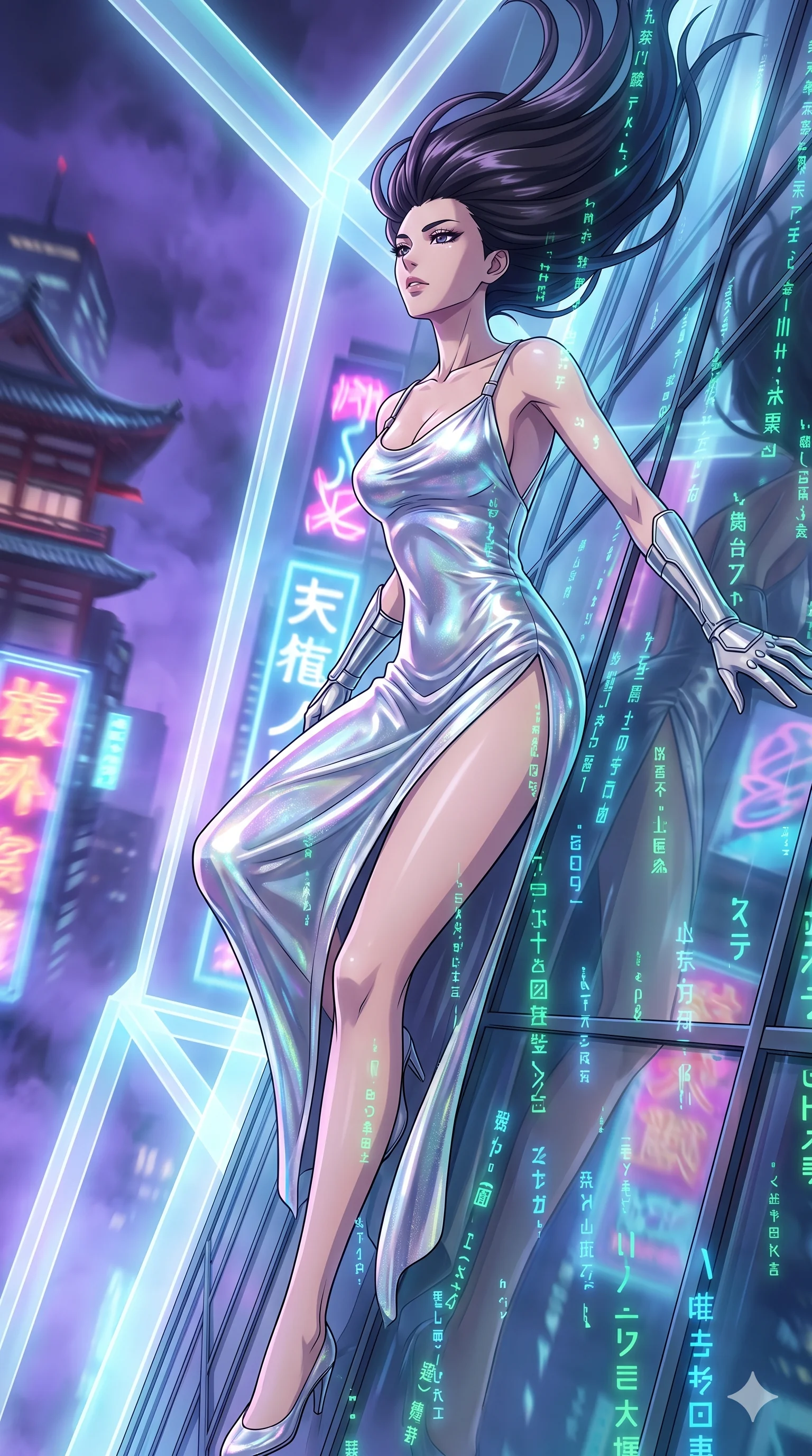score_9, masterpiece, best quality, ultra-detailed, Set A: High-budget Anime Keyframe, Japanese woman. Upper body close-up from the thighs up, character filling the screen for maximum presence. Theme: Ethereal Dream. sliding down a glass skyscraper in a temple made of solid light, as a digital rain of 97 symbols washes over her. The atmosphere is filled with heavy smog with neon flares. She has an absolutely perfect 8-heads proportion, an exceptionally tall and slender female figure with impossibly long slender legs and an ultra-slim waist. Sharp v-shaped jawline, high-bridge nose, intricate jewel-like eyes with depth, glossy lips. Wearing Liquid-diamond texture dress with an impossibly high side slit and silver straps. Cinematic lighting, vivid colors, dramatic shadows, 2k, ultra detail, master piece, 9:16 ratio
